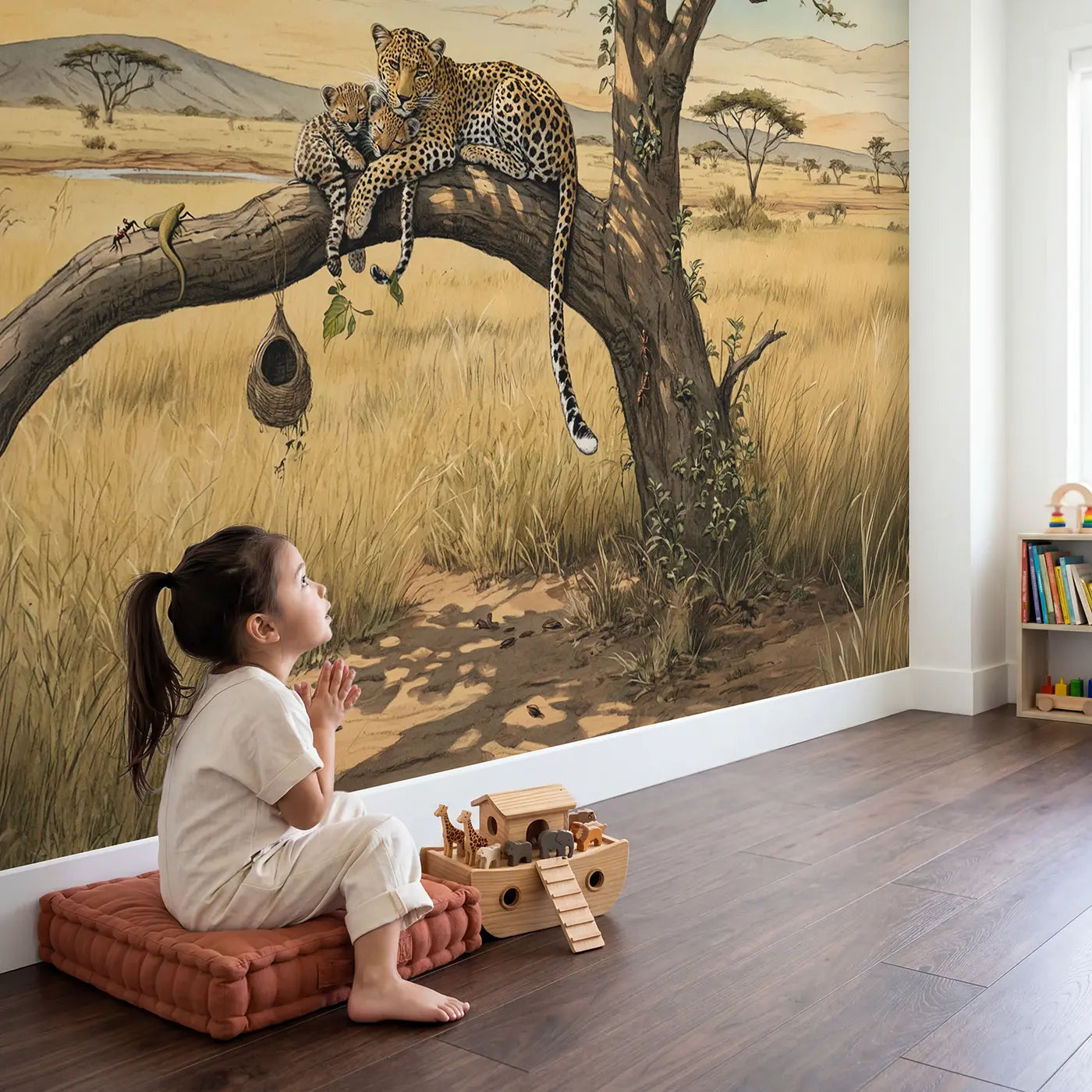 Child in nursery with Leopard Family Acacia Tree Wallpaper Mural by Whimsy Tots