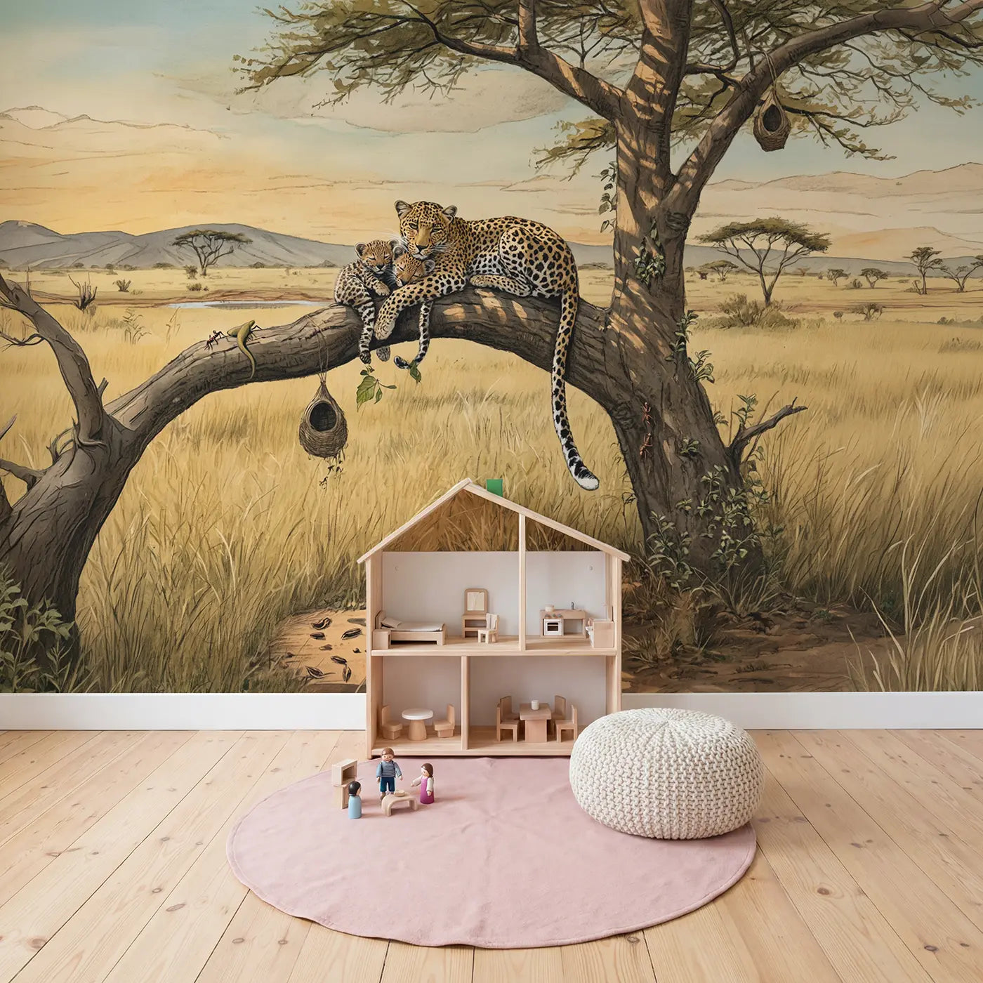 Leopard Family Acacia Tree Wallpaper Mural in playroom setting by Whimsy Tots