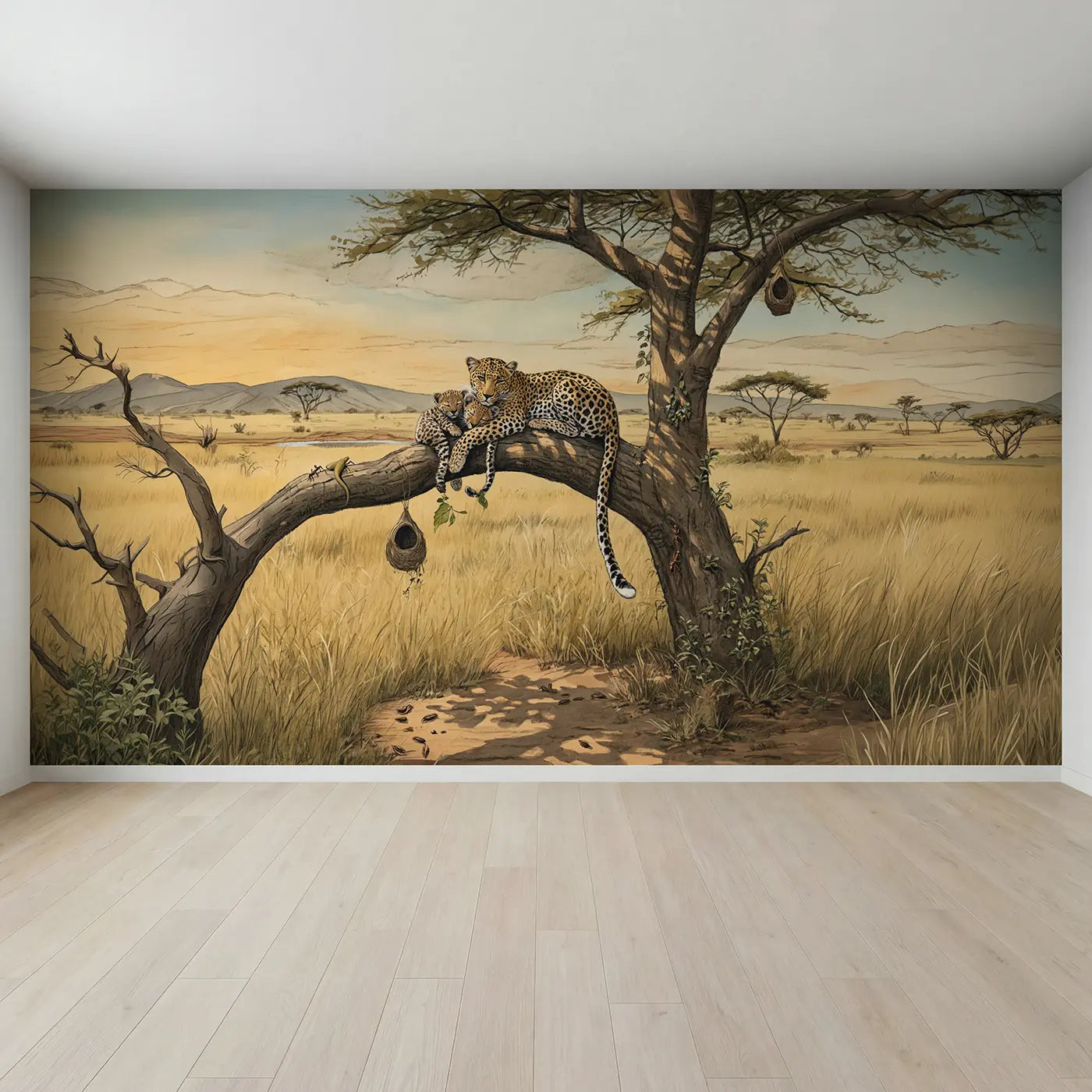 Full view of Leopard Family Acacia Tree Wallpaper Mural by Whimsy Tots