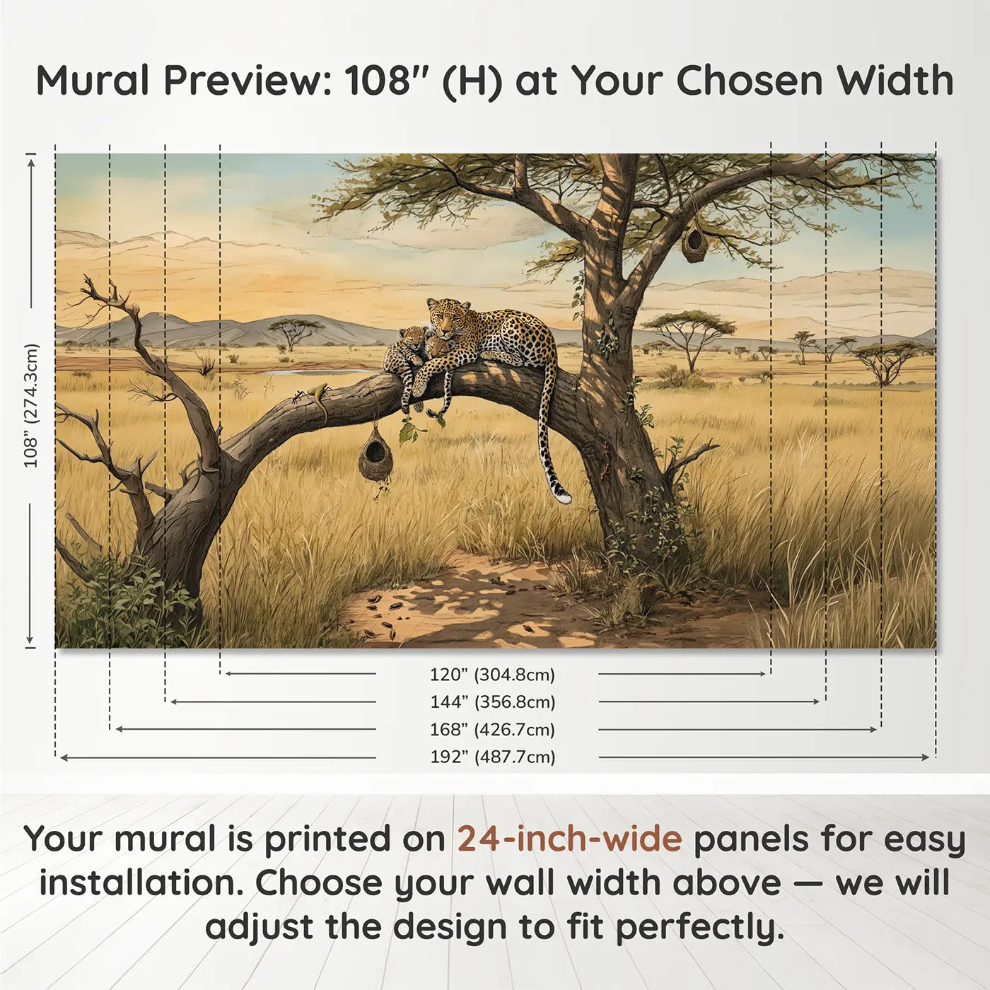 Panel layout and dimensions for Leopard Family Acacia Tree Wallpaper Mural by Whimsy Tots