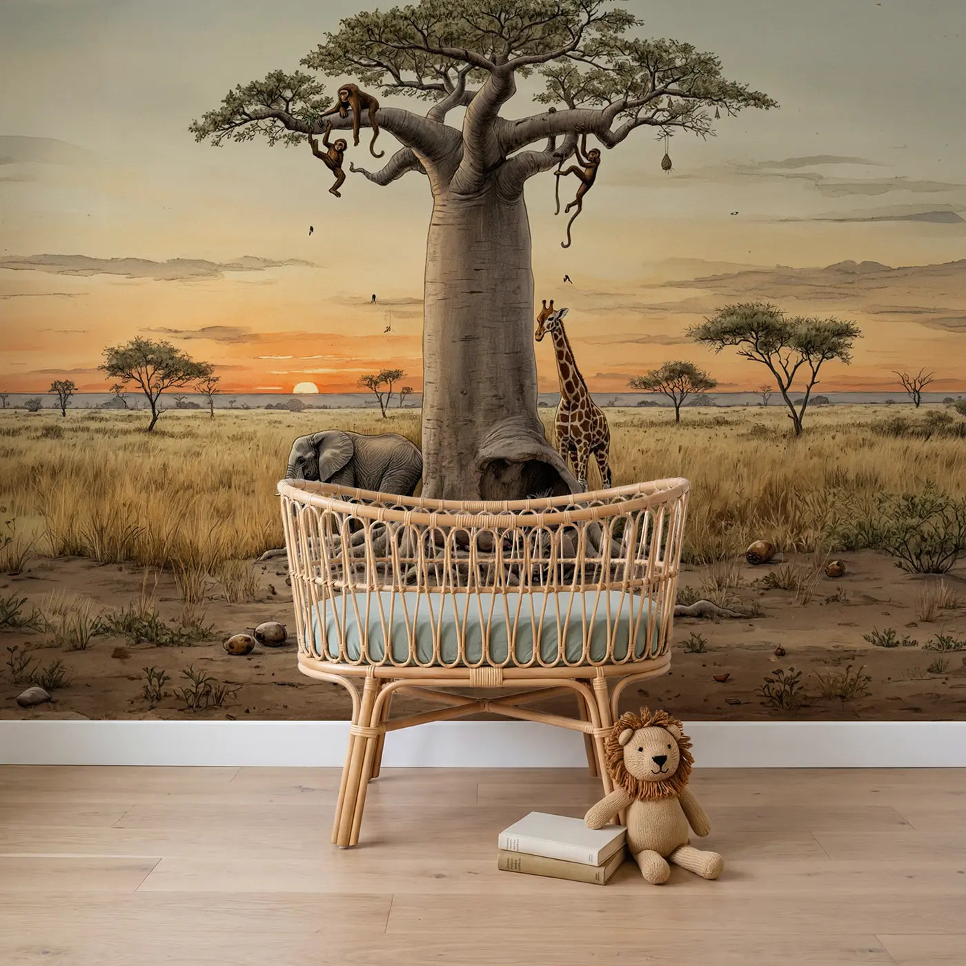 Storybook safari animals under baobab tree golden savanna wallpaper mural for nursery by Whimsy Tots