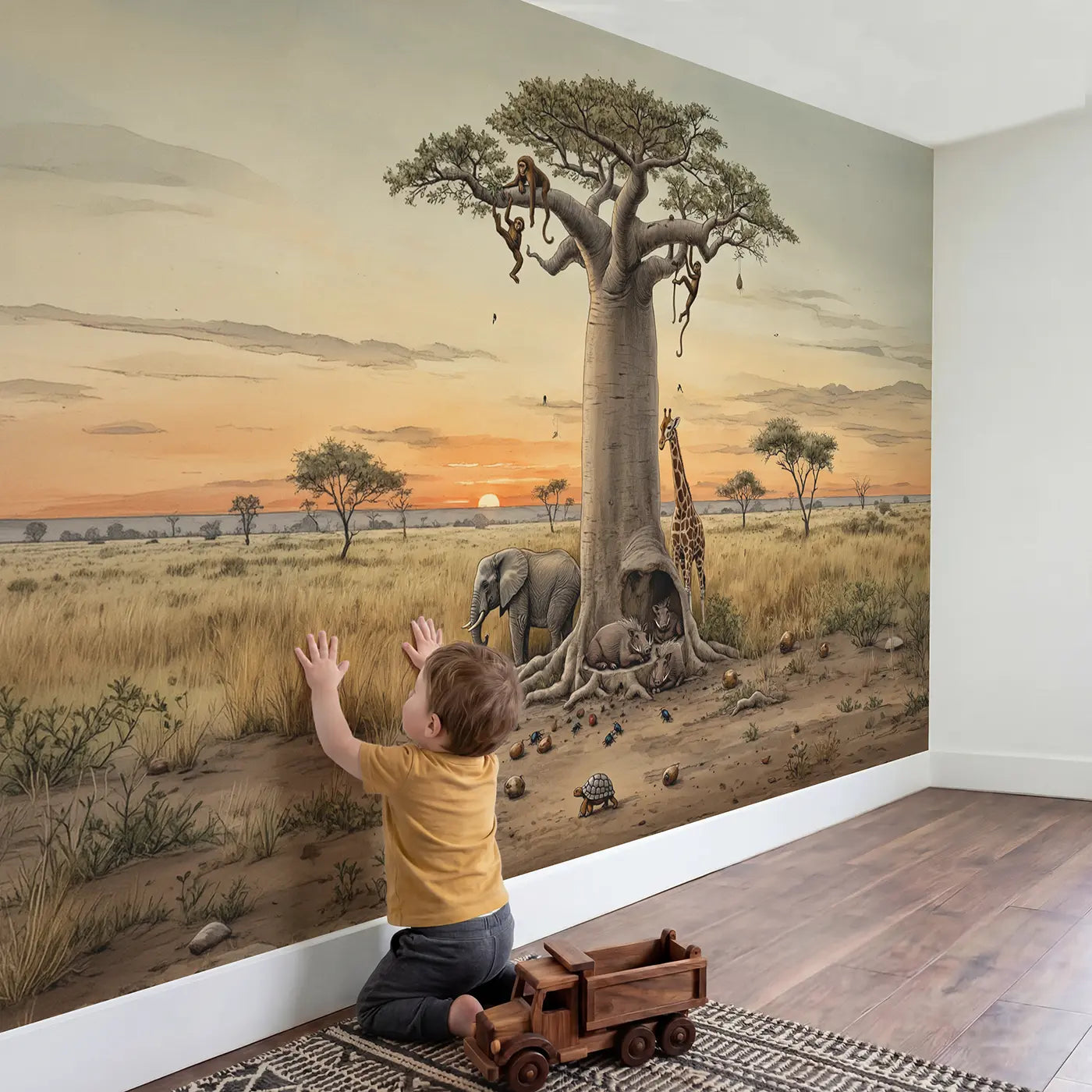 Child in nursery with Baobab Tree Animal Gathering Wallpaper Mural by Whimsy Tots