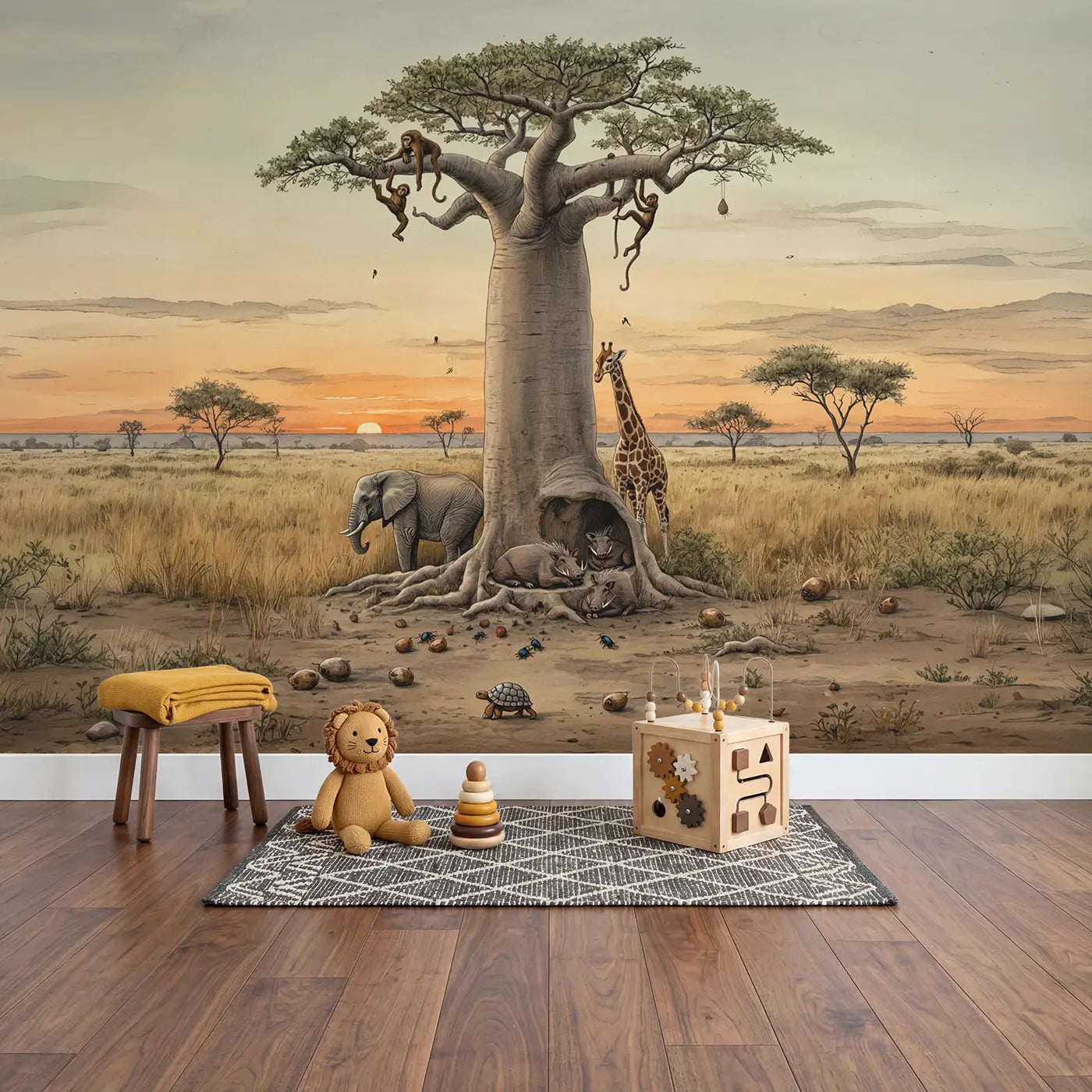 Baobab Tree Animal Gathering Wallpaper Mural in playroom setting by Whimsy Tots