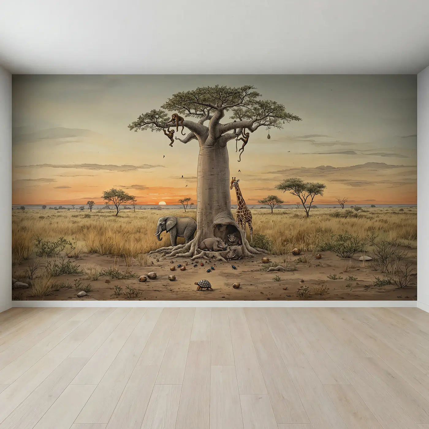 Full view of Baobab Tree Animal Gathering Wallpaper Mural by Whimsy Tots