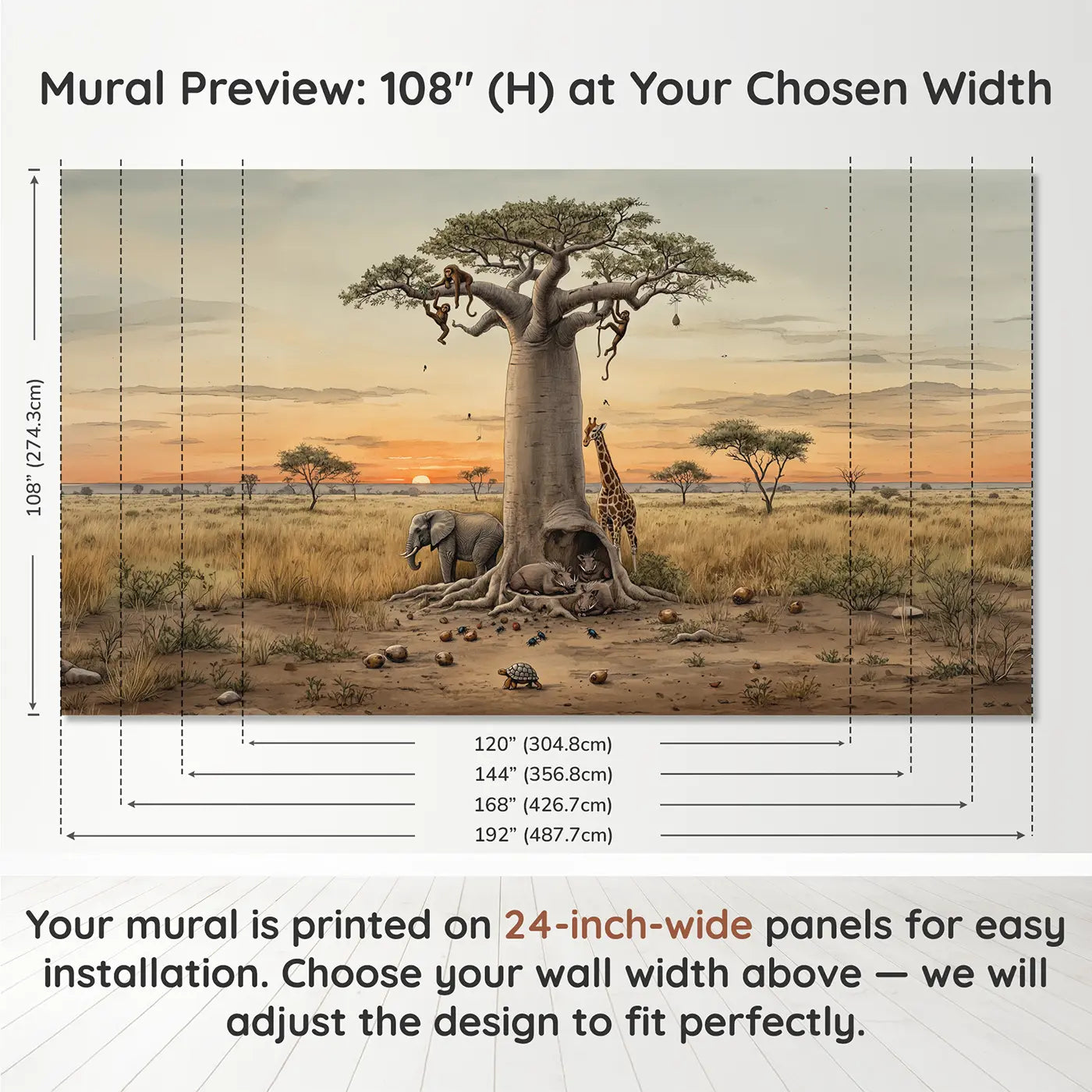 Panel layout and dimensions for Baobab Tree Animal Gathering Wallpaper Mural by Whimsy Tots