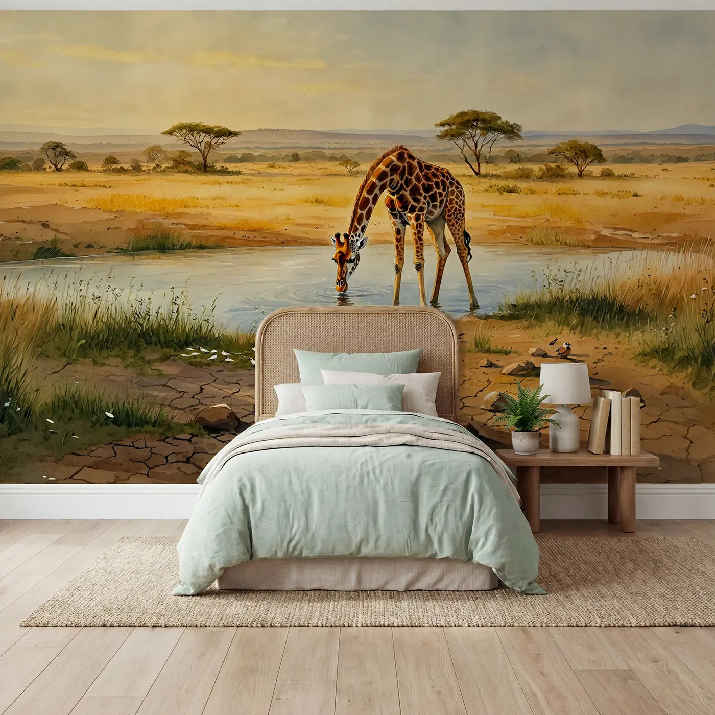 watercolor giraffe river savanna wallpaper mural for kids room by Whimsy Tots