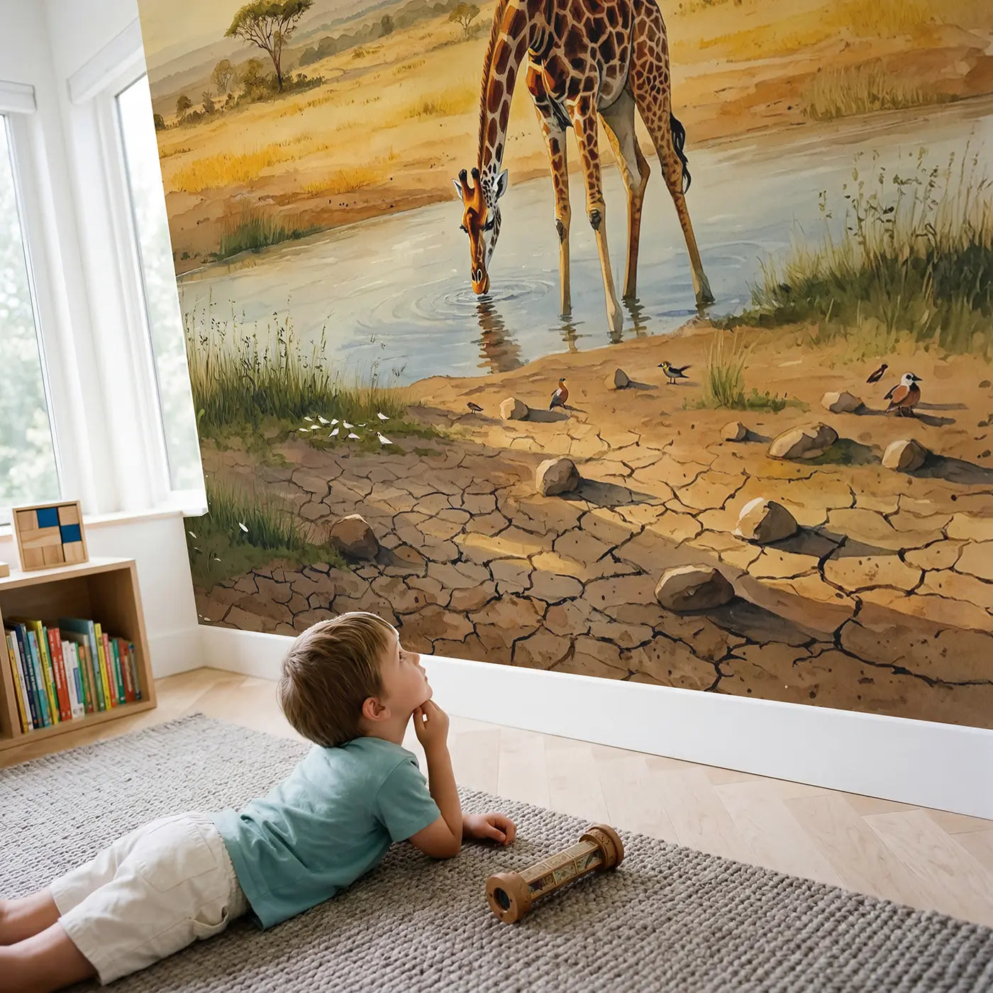 Child in nursery with Giraffe Bending Drink River Wallpaper Mural by Whimsy Tots