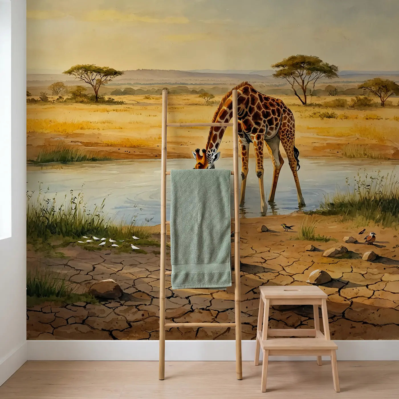 Giraffe Bending Drink River Wallpaper Mural in playroom setting by Whimsy Tots