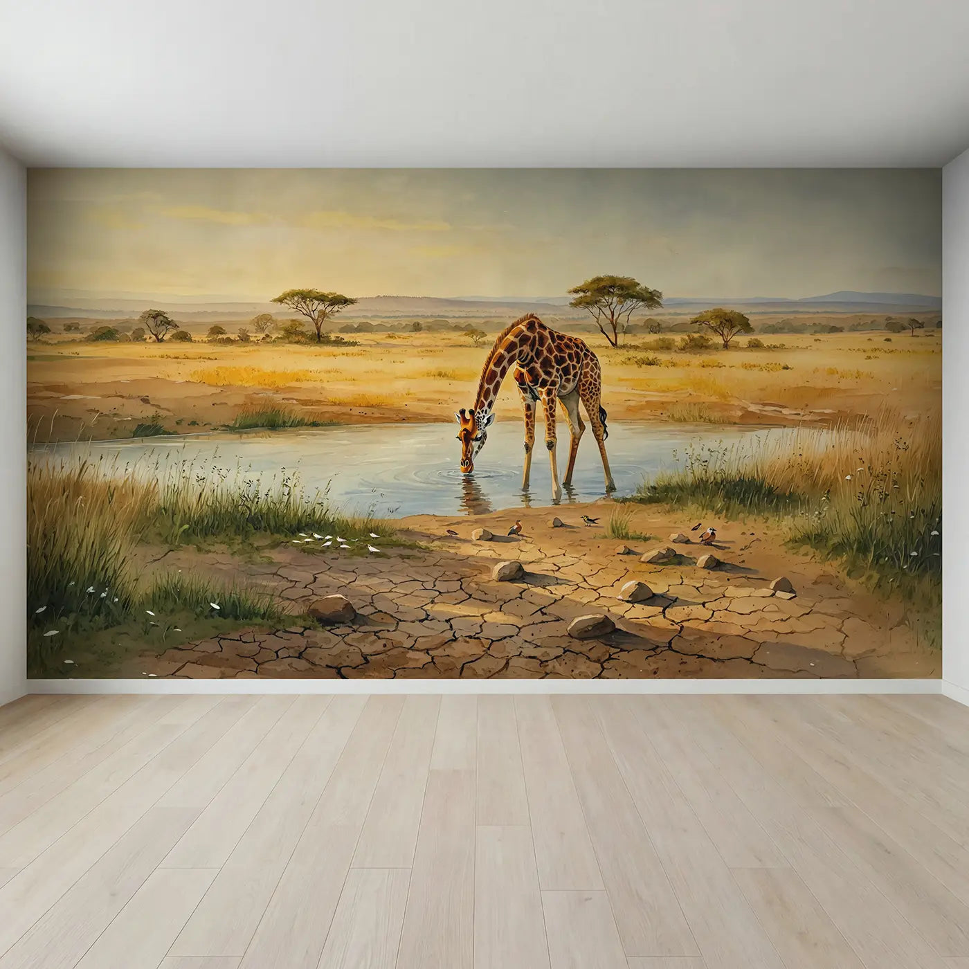 Full view of Giraffe Bending Drink River Wallpaper Mural by Whimsy Tots