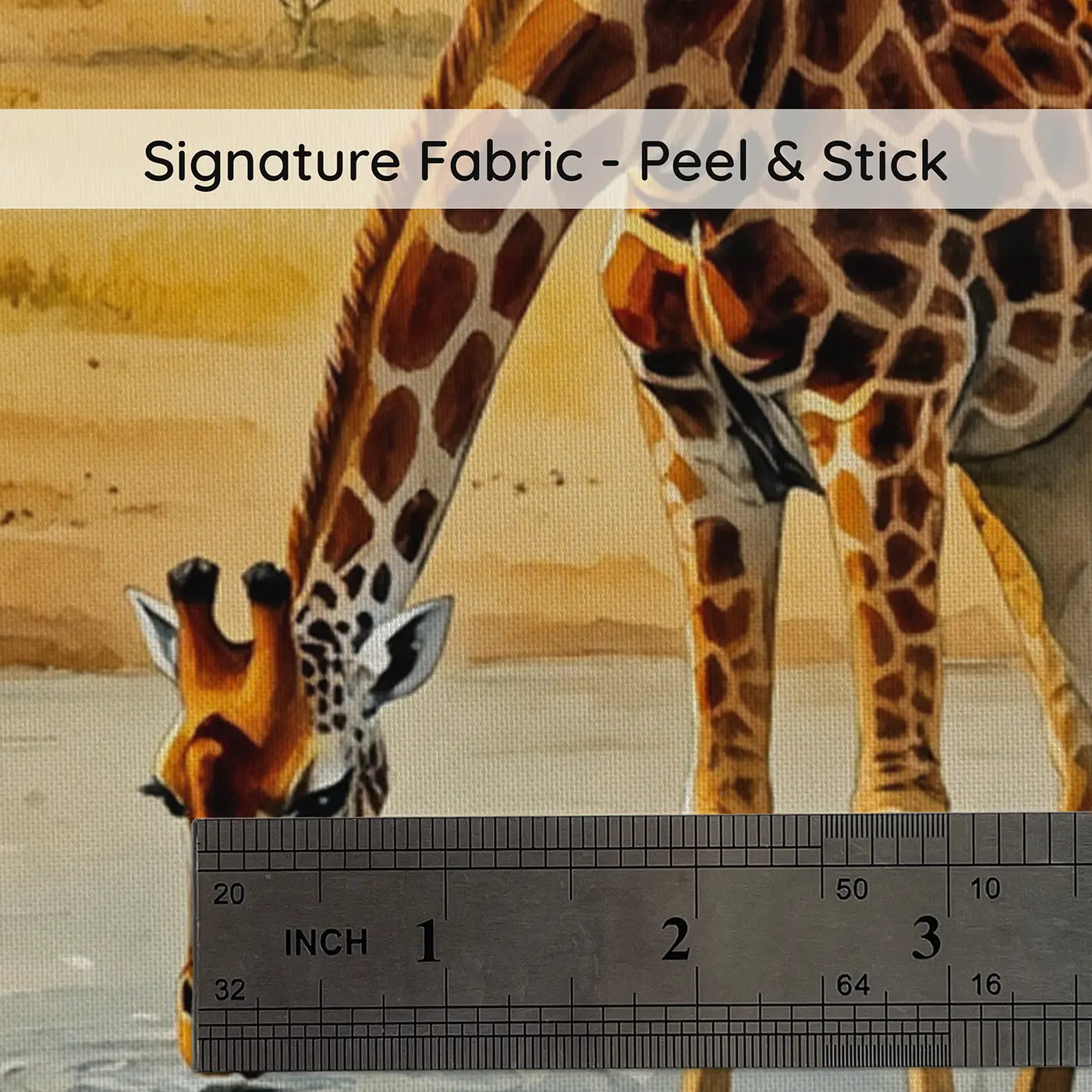 Fabric texture close-up of Giraffe Bending Drink River Wallpaper Mural by Whimsy Tots