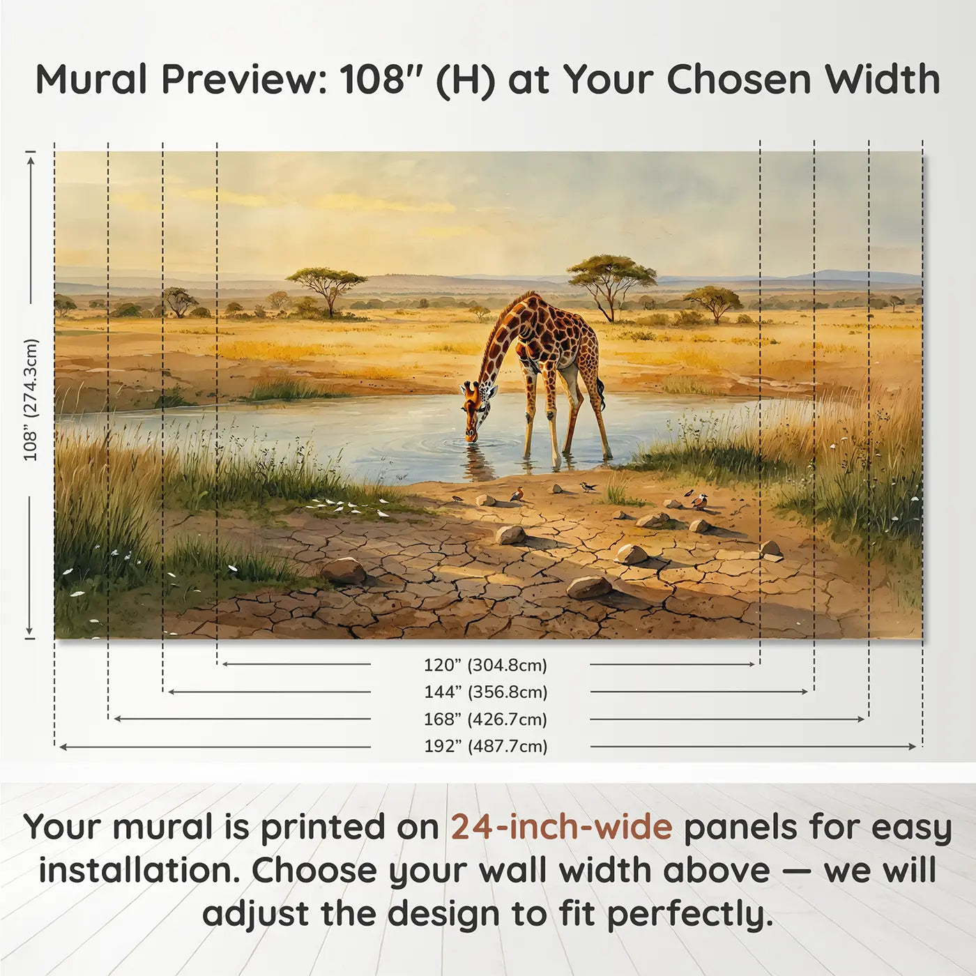 Panel layout and dimensions for Giraffe Bending Drink River Wallpaper Mural by Whimsy Tots