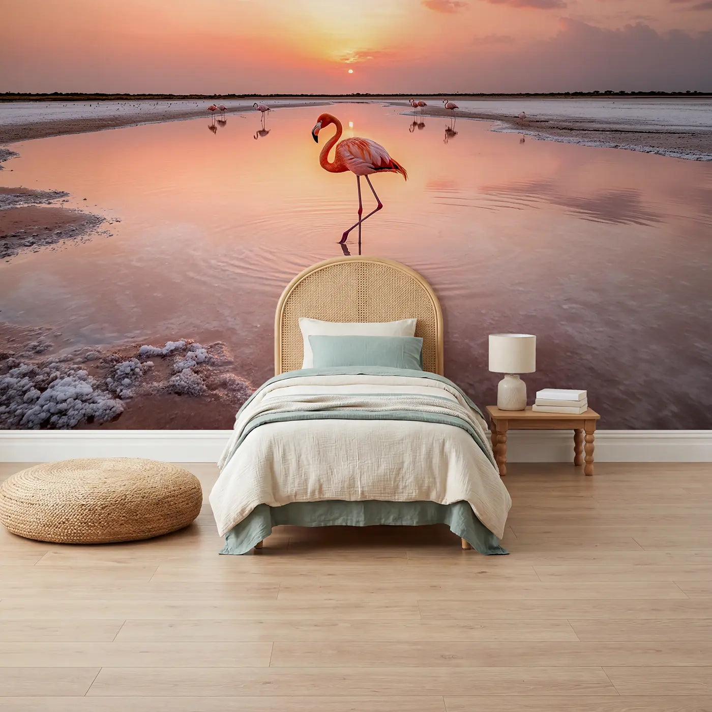 Soft pastel flamingo reflection watering hole wallpaper mural for nursery by Whimsy Tots