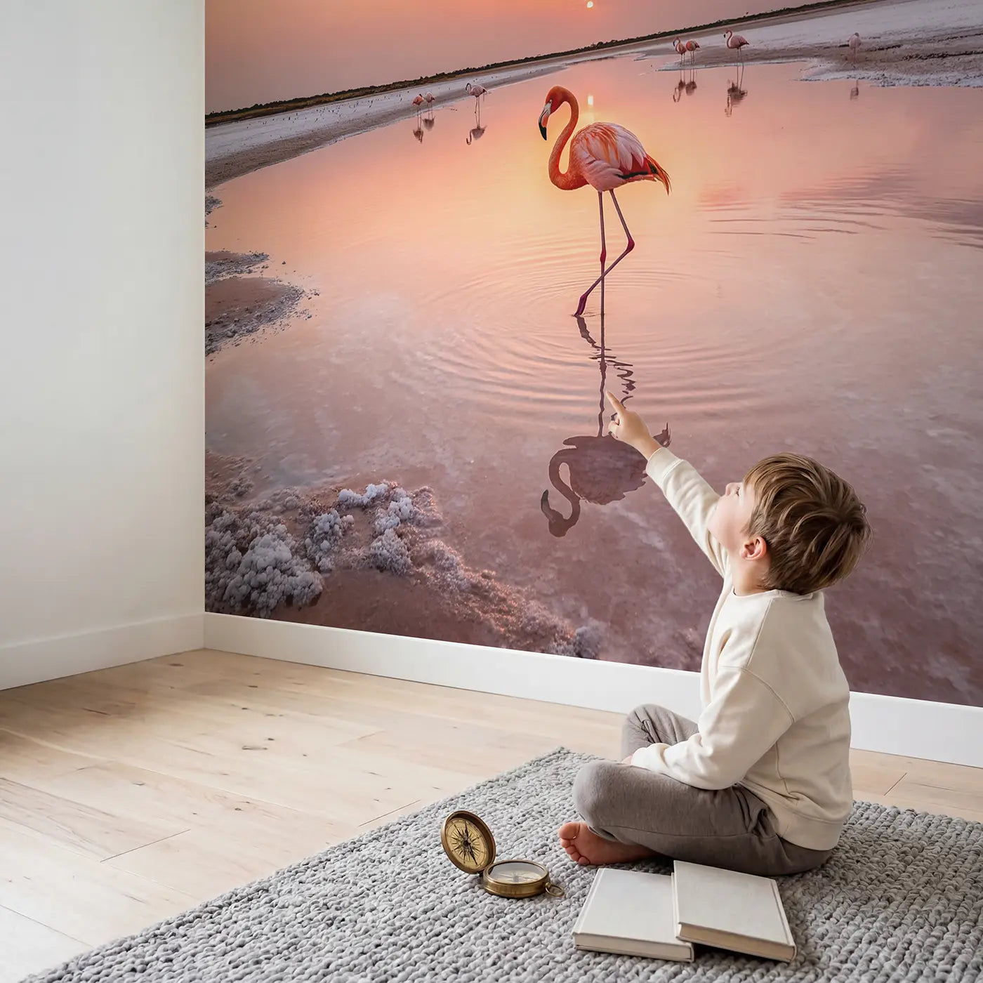Child in nursery with Pink Flamingo Reflection Wallpaper Mural by Whimsy Tots
