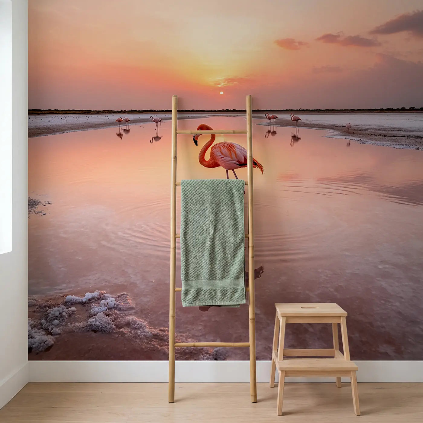 Pink Flamingo Reflection Wallpaper Mural in playroom setting by Whimsy Tots