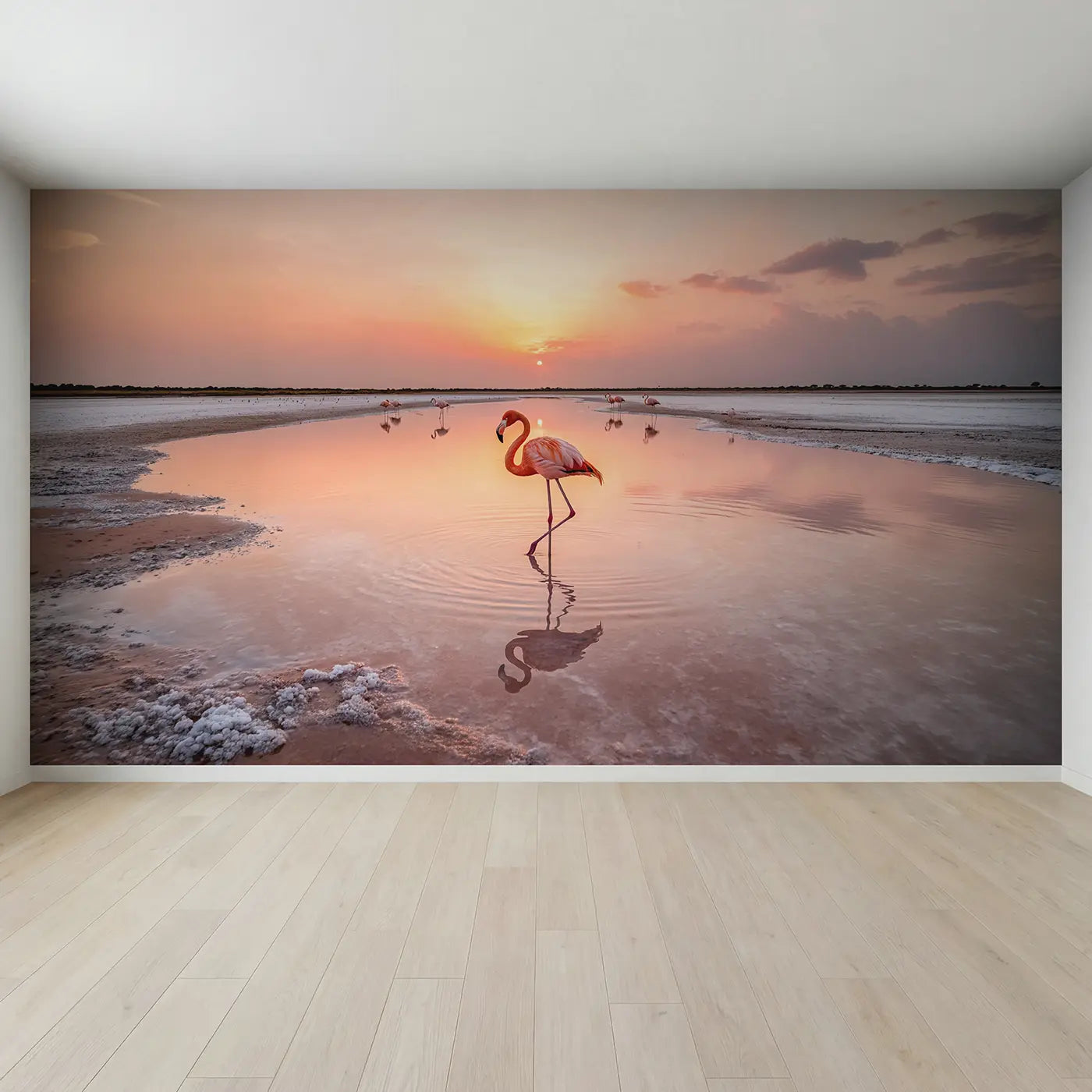Full view of Pink Flamingo Reflection Wallpaper Mural by Whimsy Tots