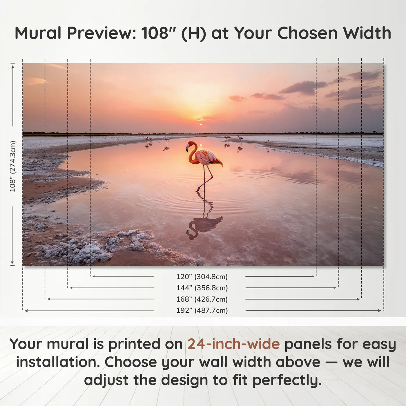 Panel layout and dimensions for Pink Flamingo Reflection Wallpaper Mural by Whimsy Tots