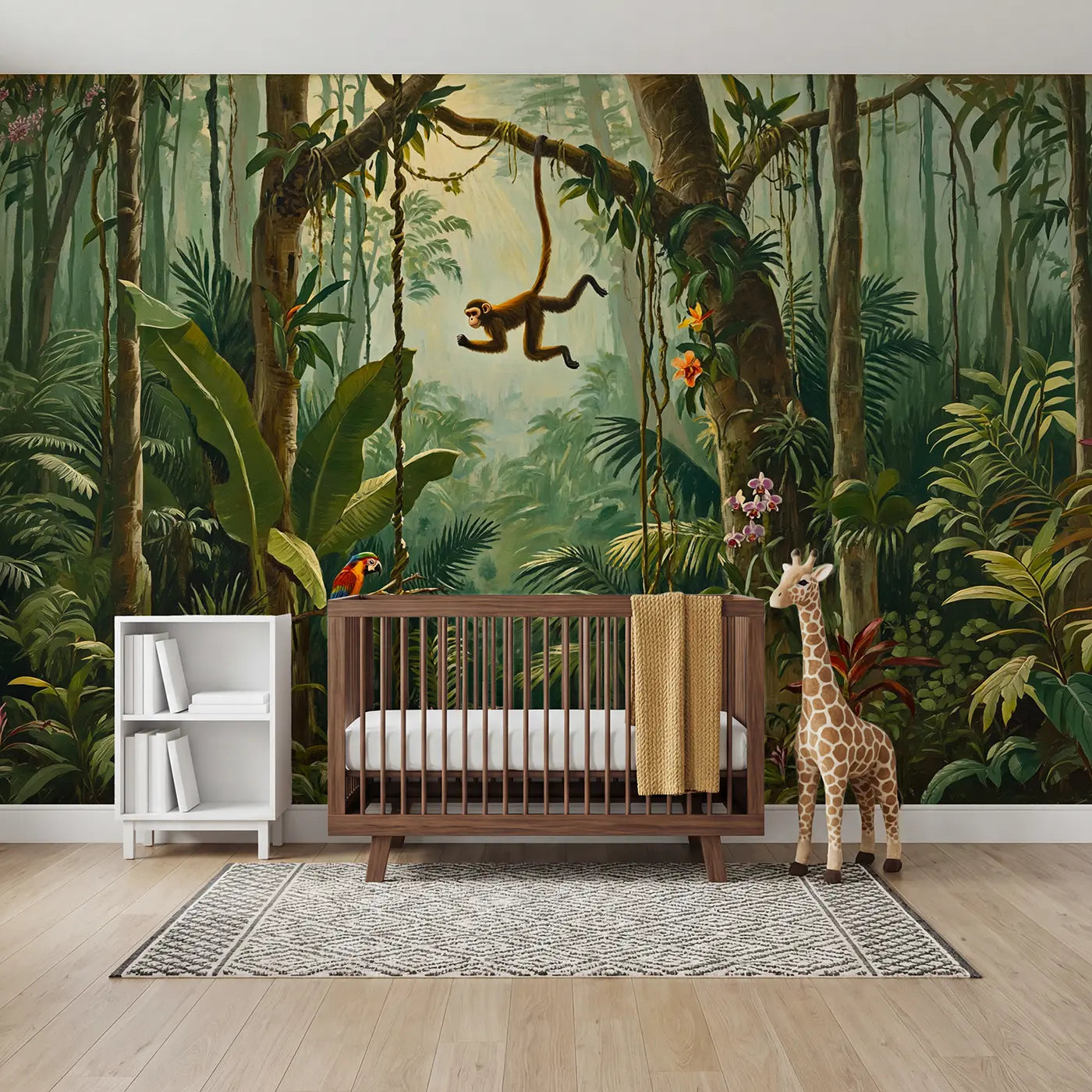 painted landscape monkey vine swing jungle canopy wallpaper mural for nursery by Whimsy Tots
