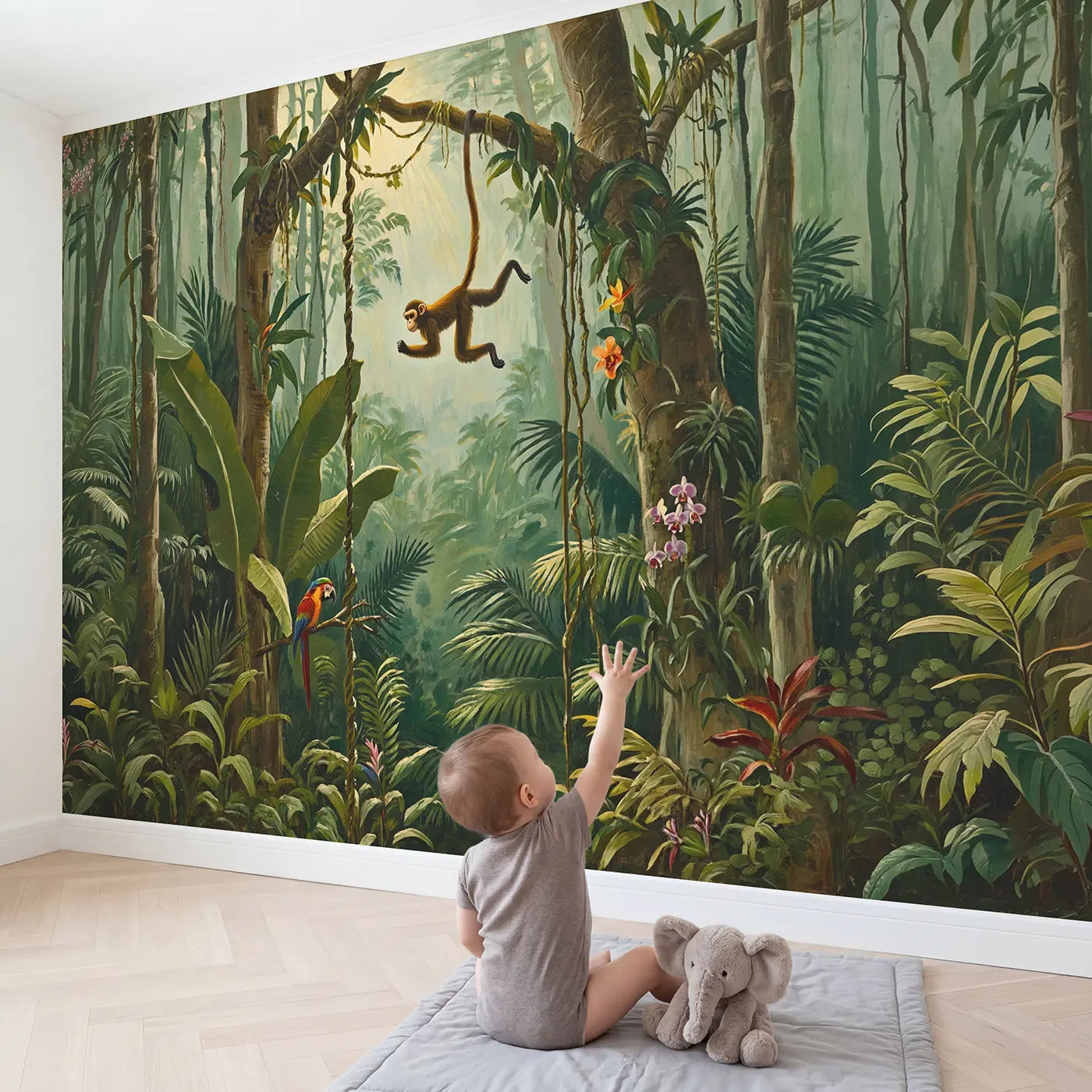 Child in nursery with Jungle Vine Swing Monkey Wallpaper Mural by Whimsy Tots