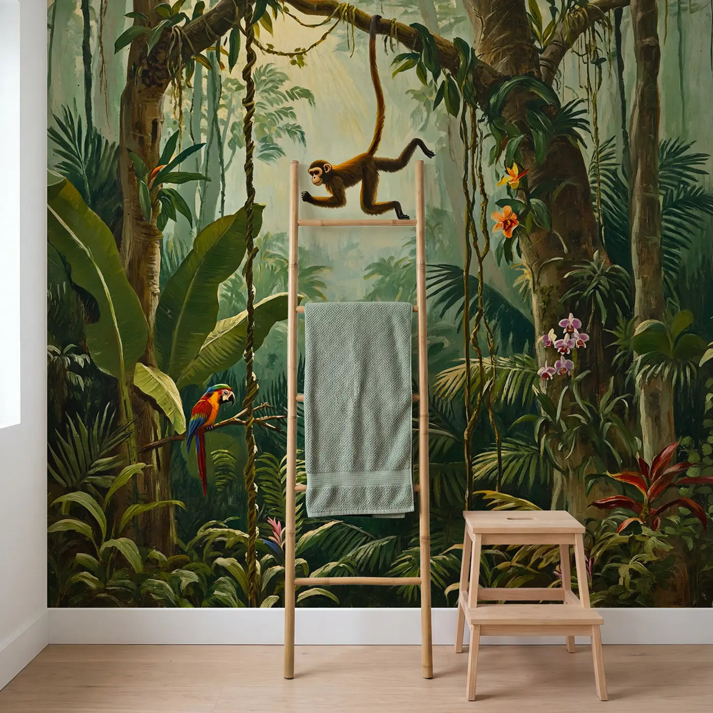 Jungle Vine Swing Monkey Wallpaper Mural in playroom setting by Whimsy Tots