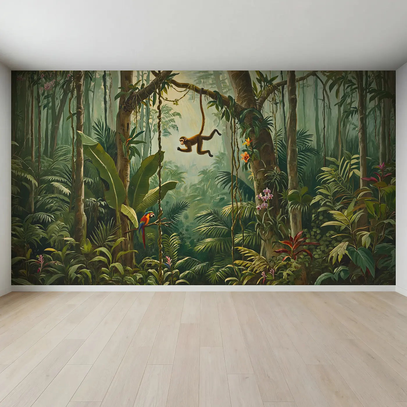 Full view of Jungle Vine Swing Monkey Wallpaper Mural by Whimsy Tots