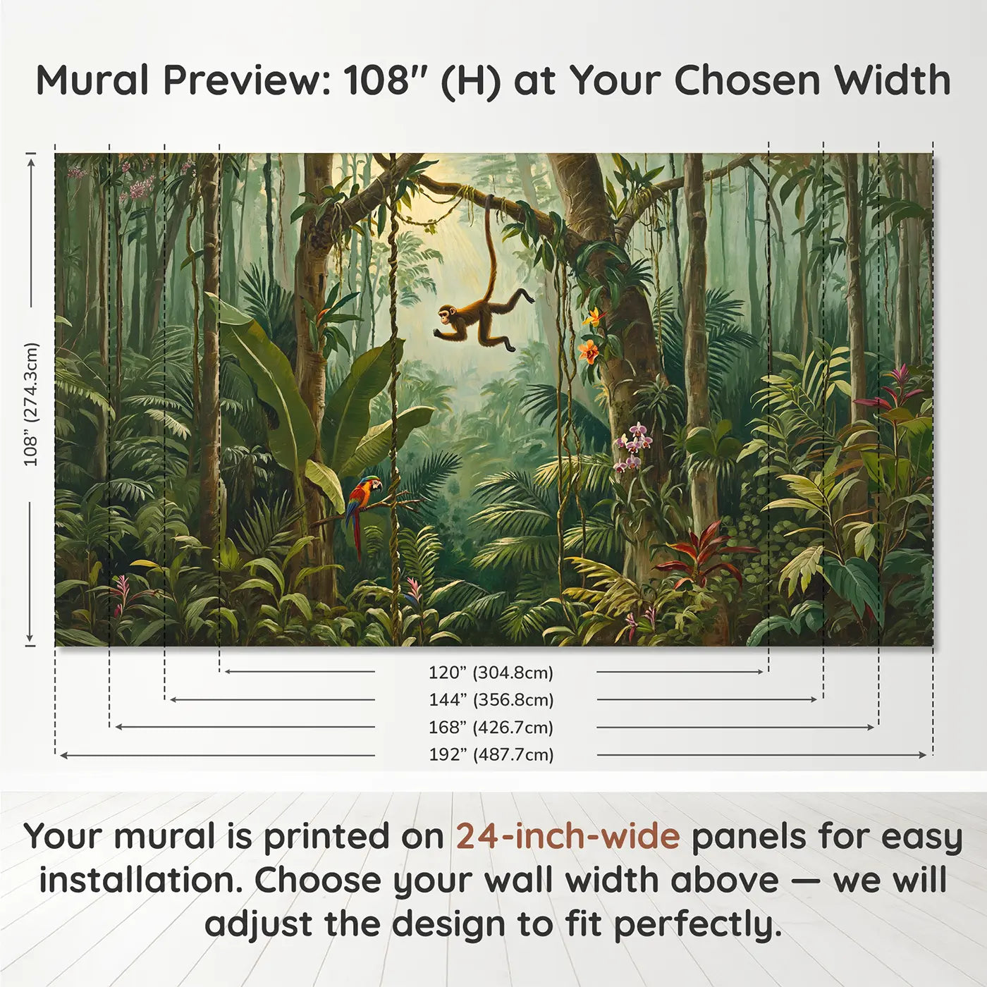 Panel layout and dimensions for Jungle Vine Swing Monkey Wallpaper Mural by Whimsy Tots
