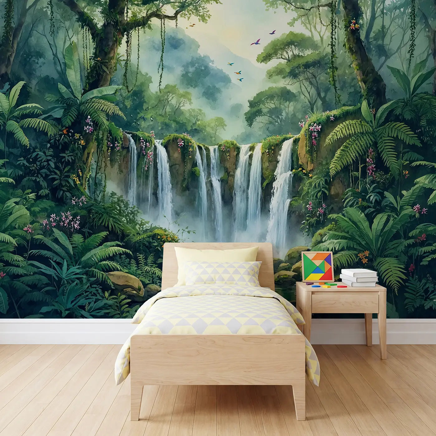 Watercolor hidden jungle waterfall canopy wallpaper mural for kids room by Whimsy Tots