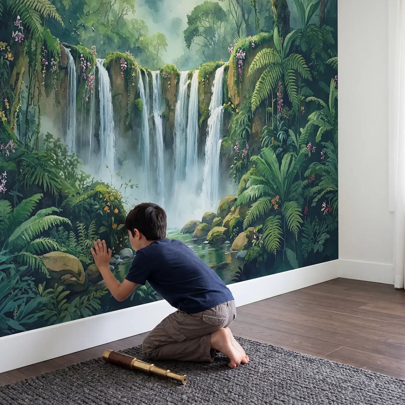 Child in nursery with Hidden Jungle Waterfall Wallpaper Mural by Whimsy Tots