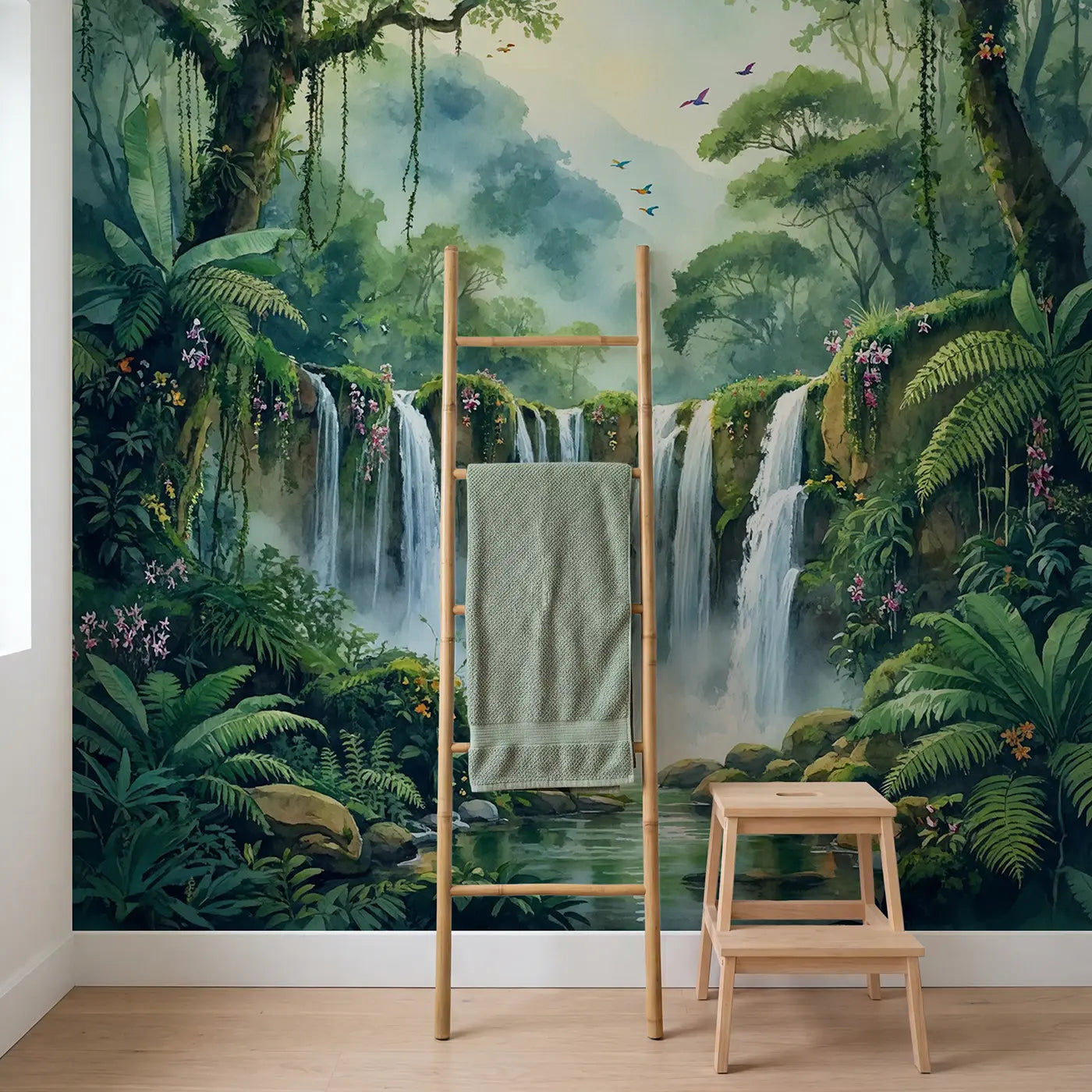 Hidden Jungle Waterfall Wallpaper Mural in playroom setting by Whimsy Tots