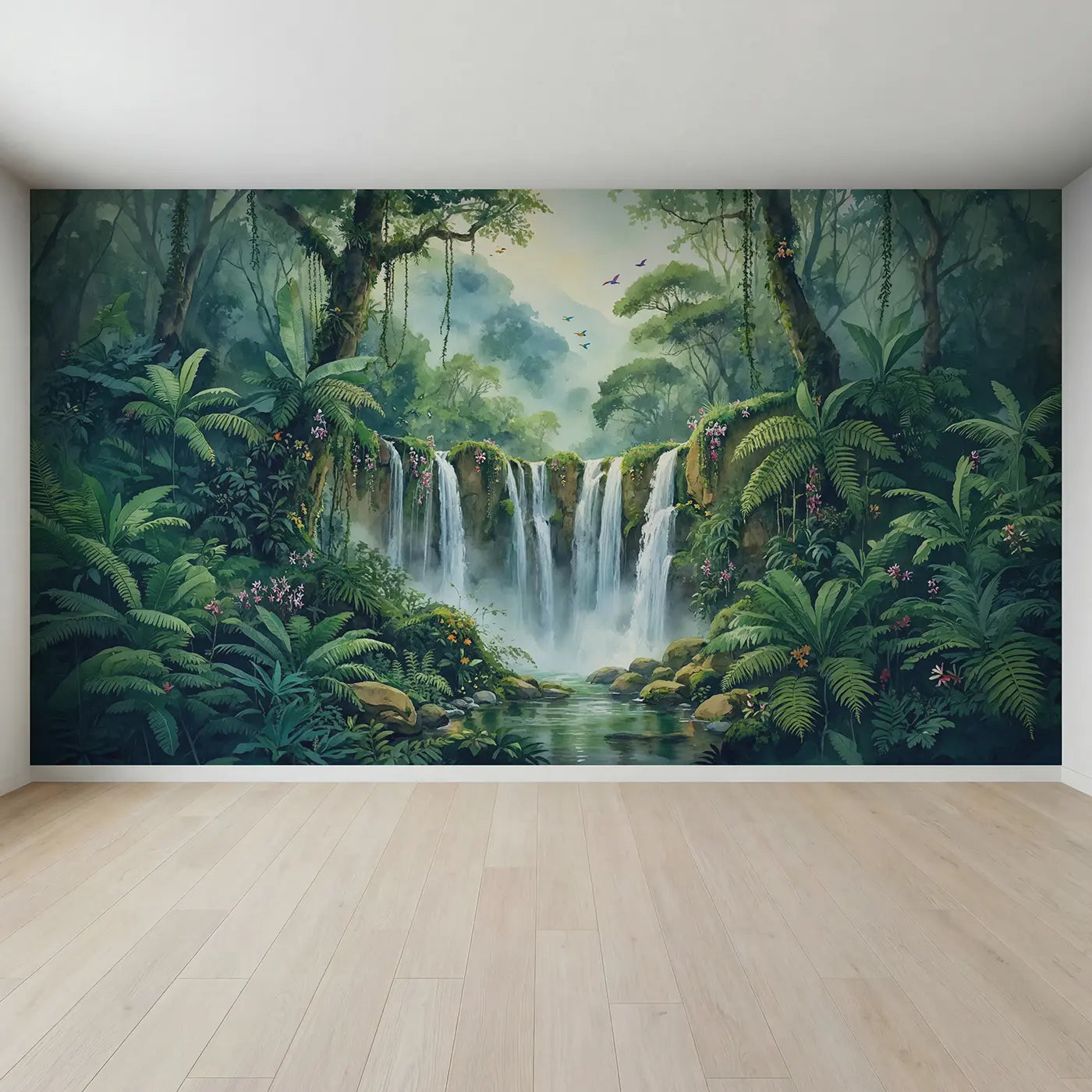 Full view of Hidden Jungle Waterfall Wallpaper Mural by Whimsy Tots