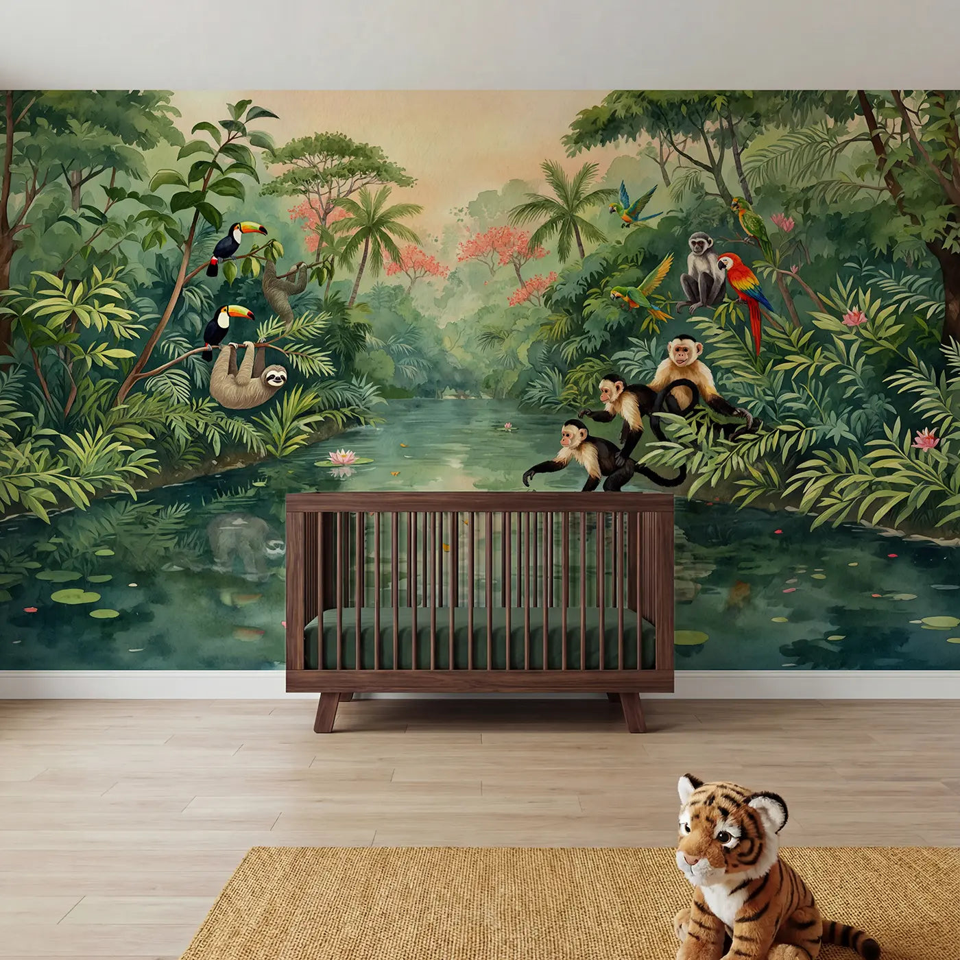 Watercolor jungle river animal banks wallpaper mural for nursery by Whimsy Tots