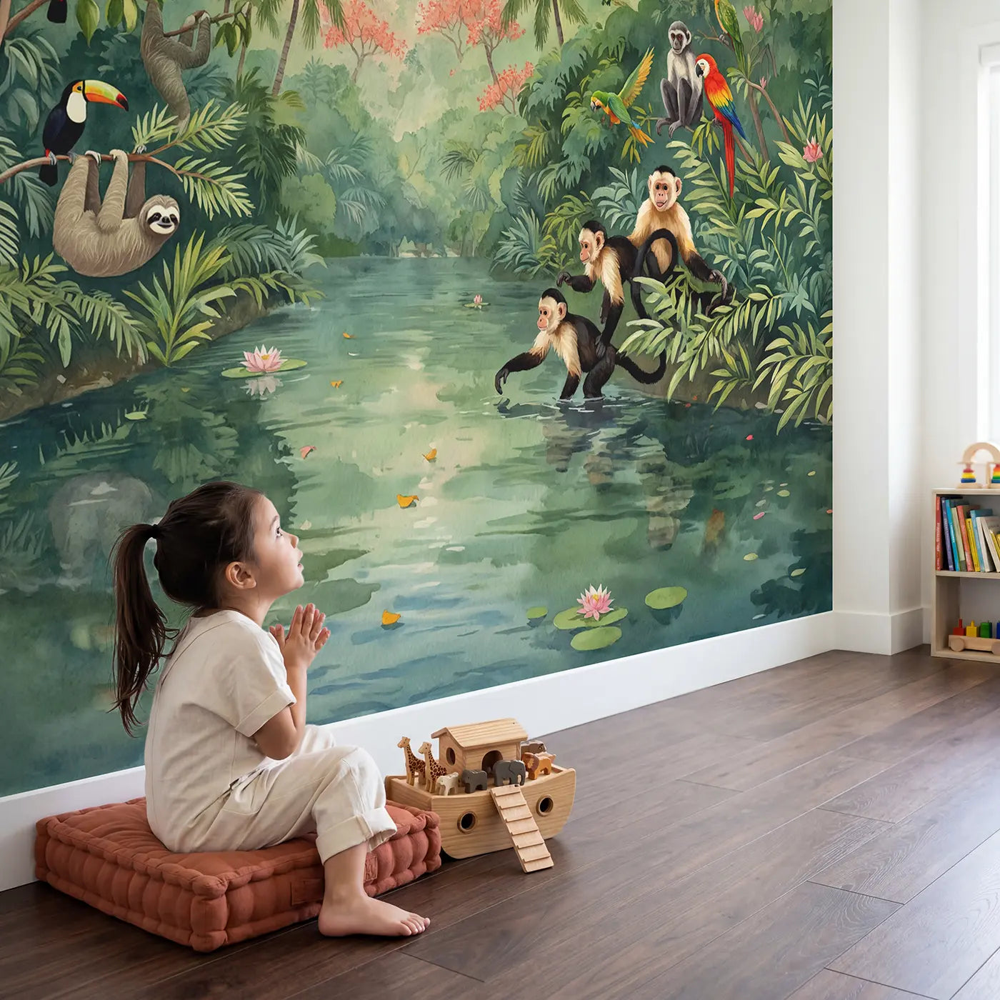 Child in nursery with Jungle River Animal Banks Wallpaper Mural by Whimsy Tots