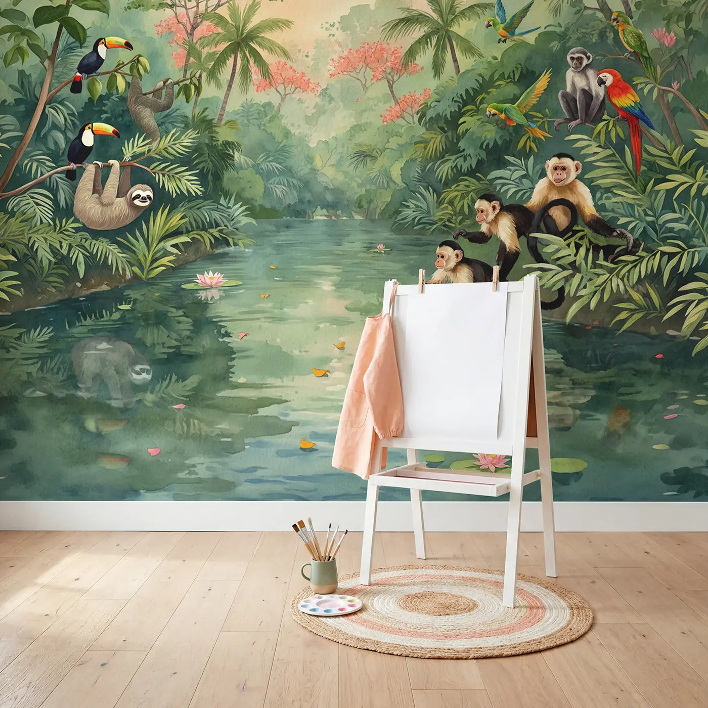 Jungle River Animal Banks Wallpaper Mural in playroom setting by Whimsy Tots