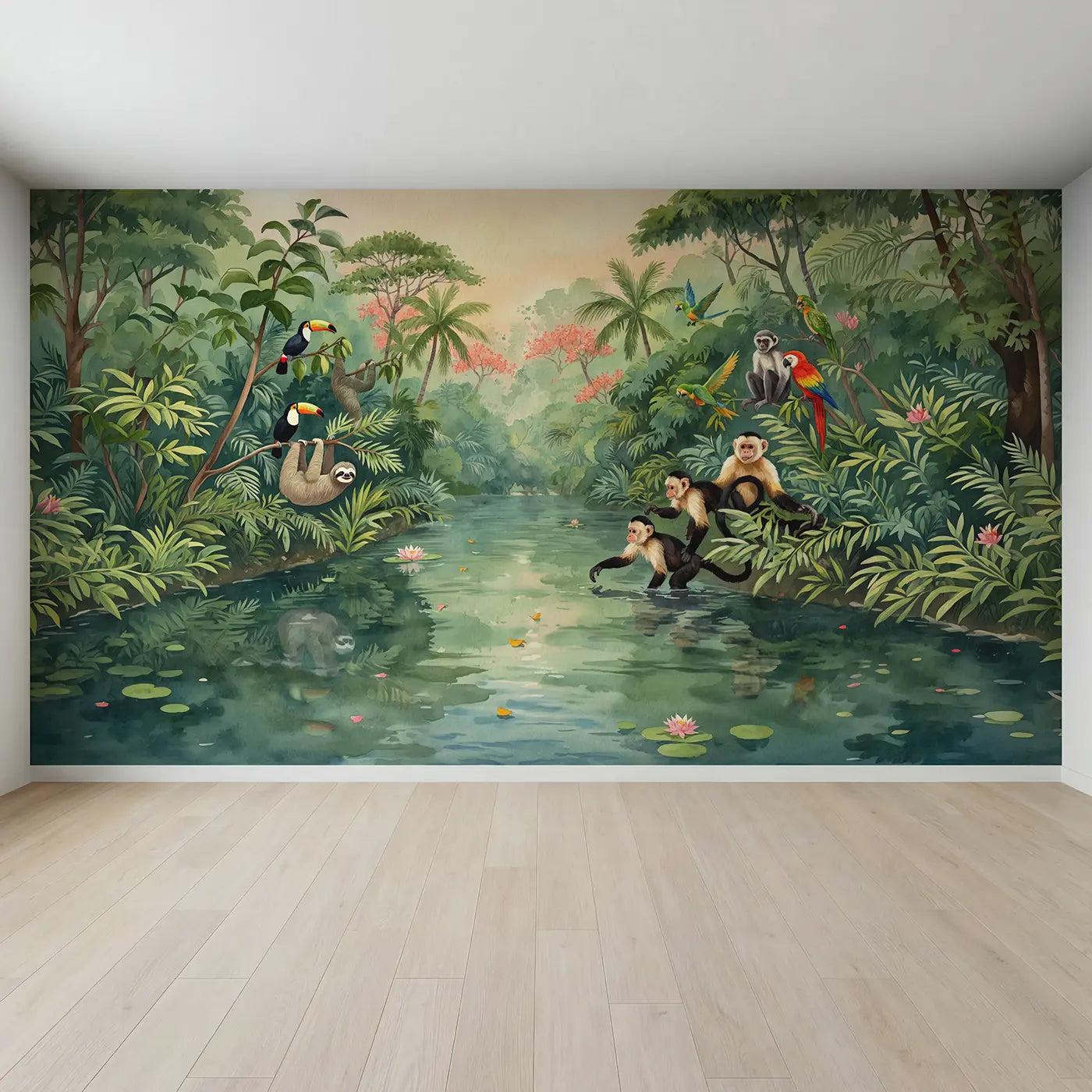 Full view of Jungle River Animal Banks Wallpaper Mural by Whimsy Tots