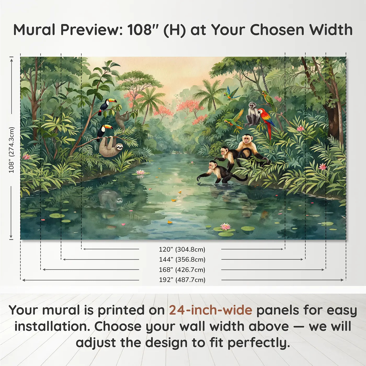 Panel layout and dimensions for Jungle River Animal Banks Wallpaper Mural by Whimsy Tots