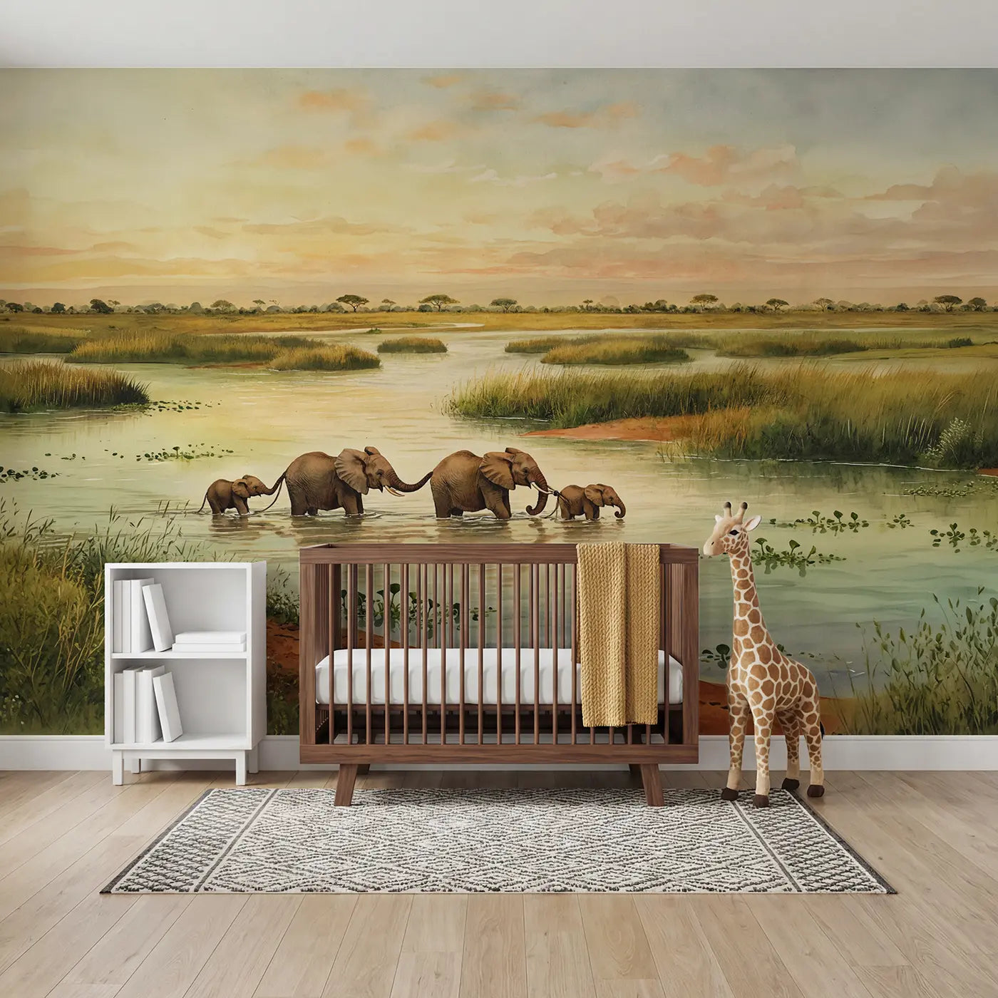 watercolor elephant river crossing wallpaper mural for kids room by Whimsy Tots