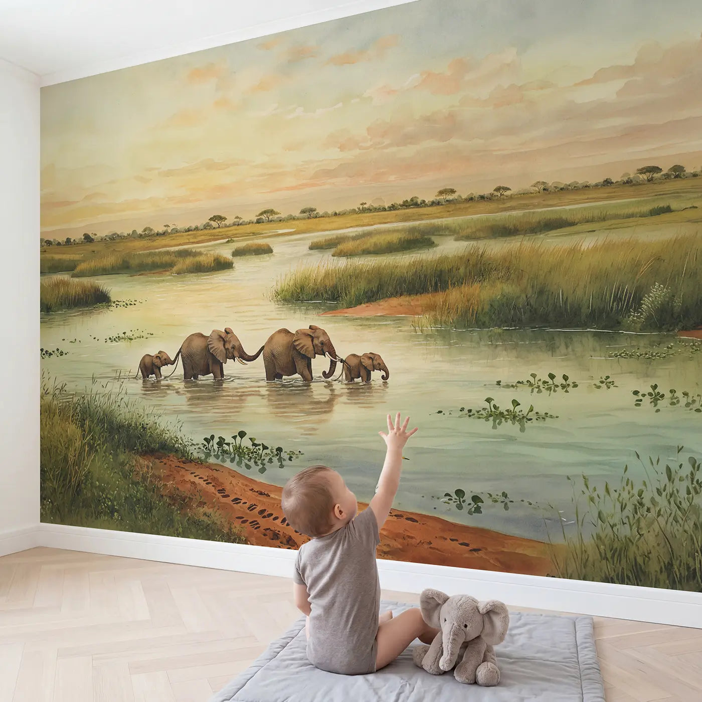 Child in nursery with Elephant River Crossing Wallpaper Mural by Whimsy Tots