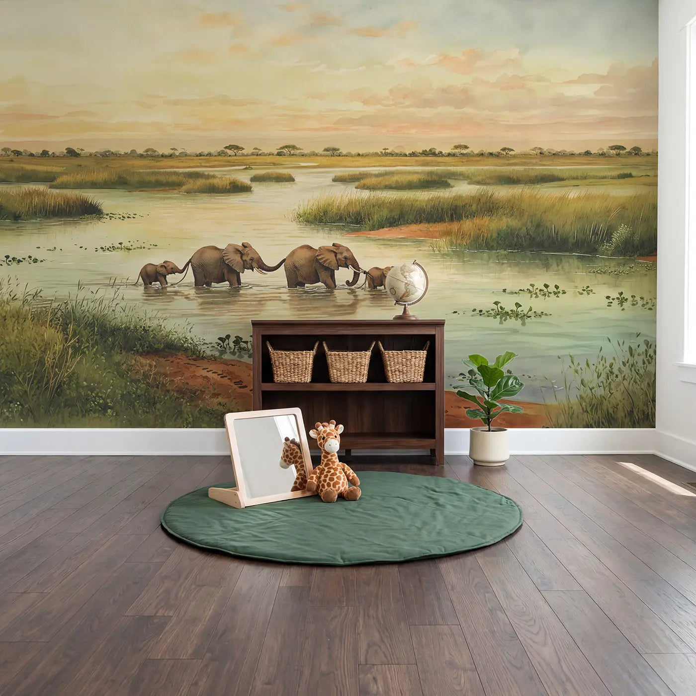 Elephant River Crossing Wallpaper Mural in playroom setting by Whimsy Tots