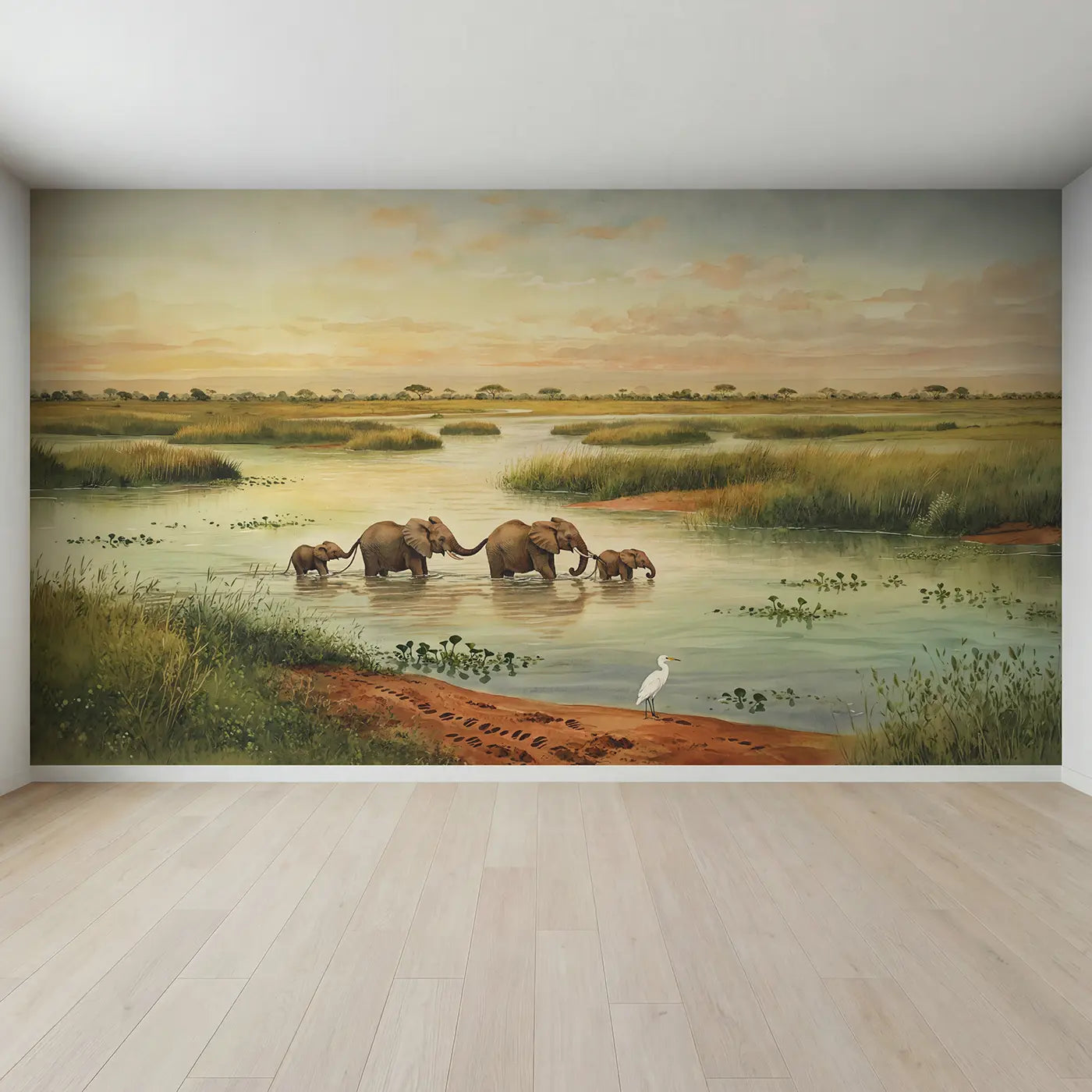 Full view of Elephant River Crossing Wallpaper Mural by Whimsy Tots
