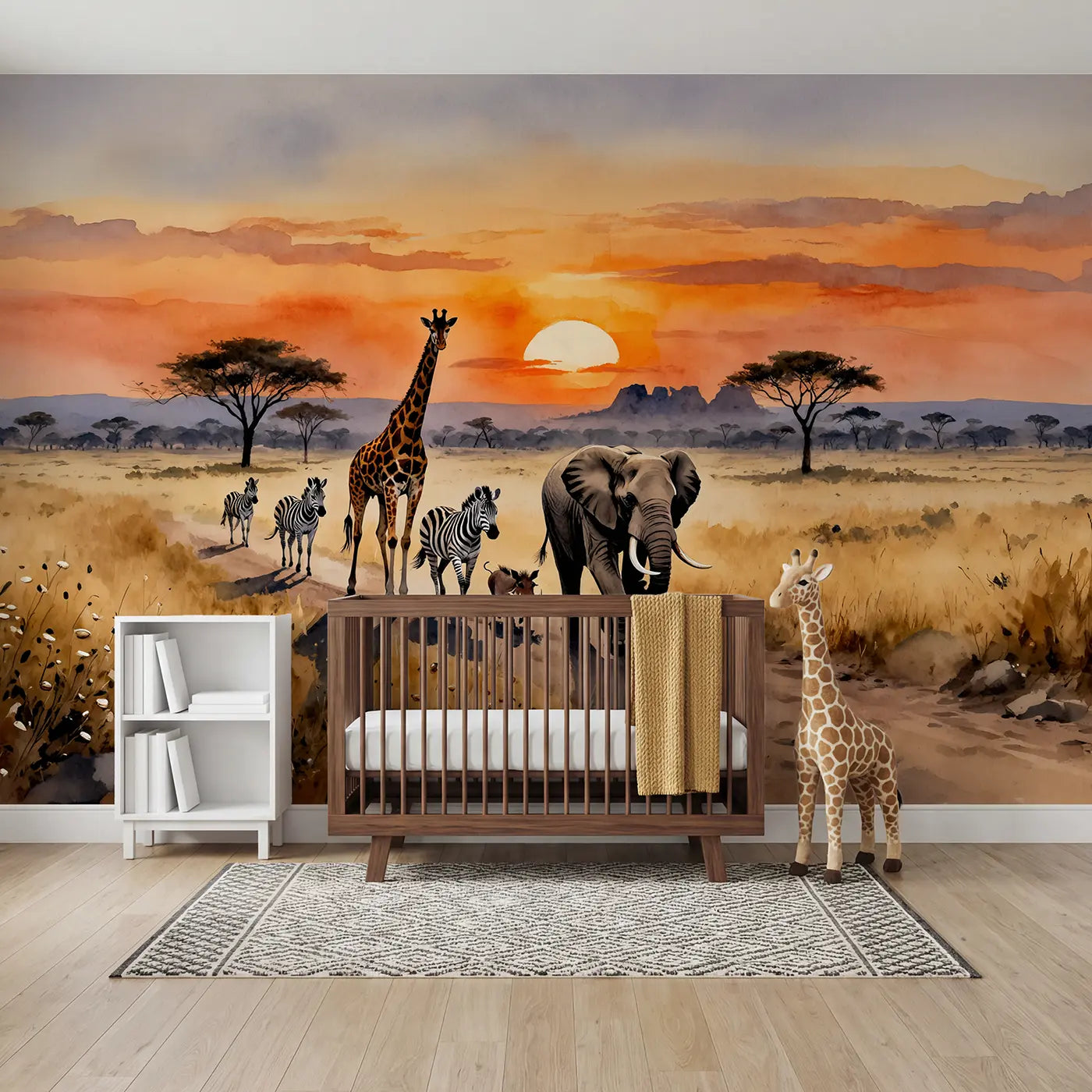 Watercolor safari elephant giraffe savanna wallpaper mural for nursery by Whimsy Tots