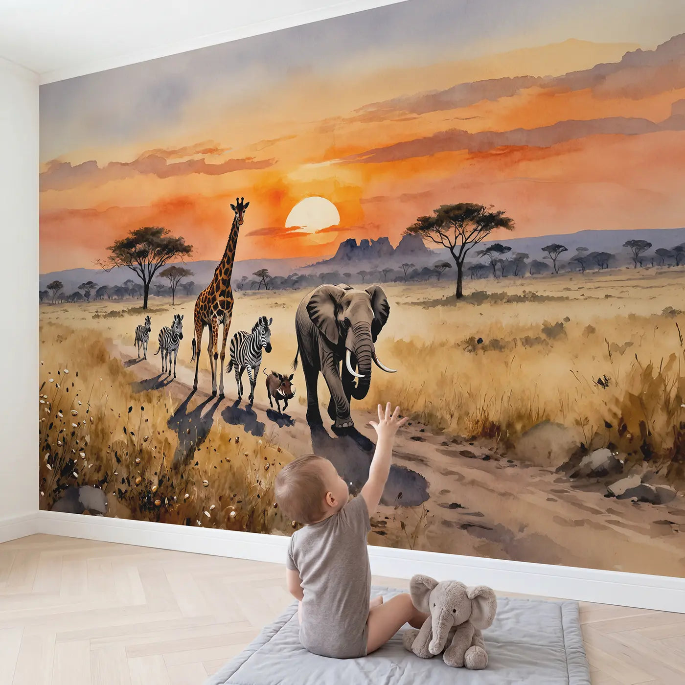 Child in nursery with Safari Sunset Parade Wallpaper Mural by Whimsy Tots