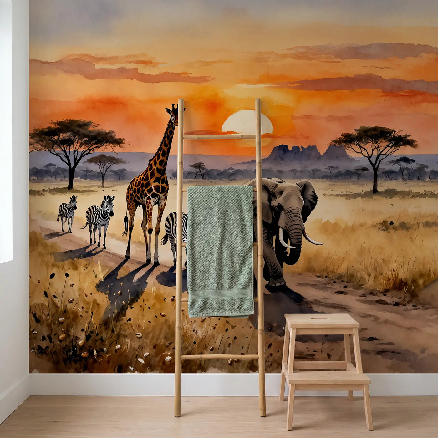 Safari Sunset Parade Wallpaper Mural in playroom setting by Whimsy Tots
