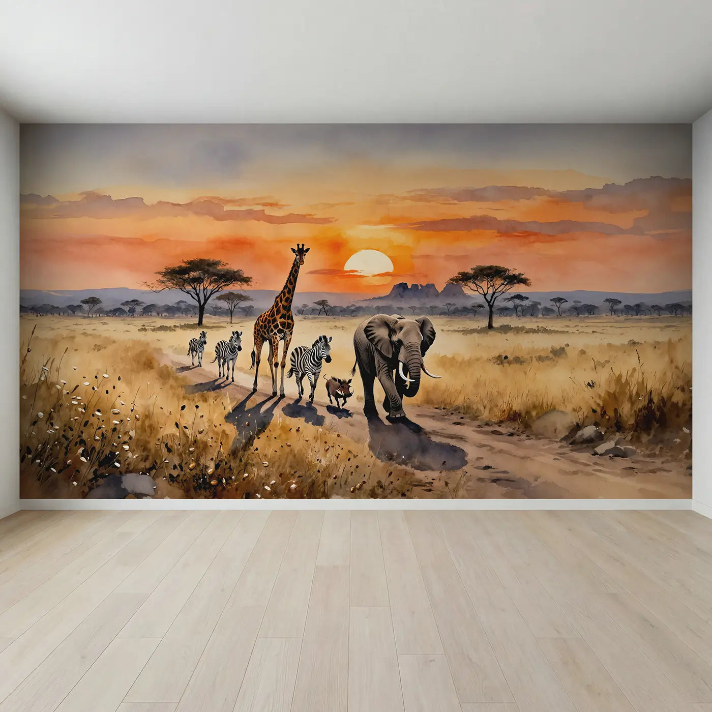 Full view of Safari Sunset Parade Wallpaper Mural by Whimsy Tots