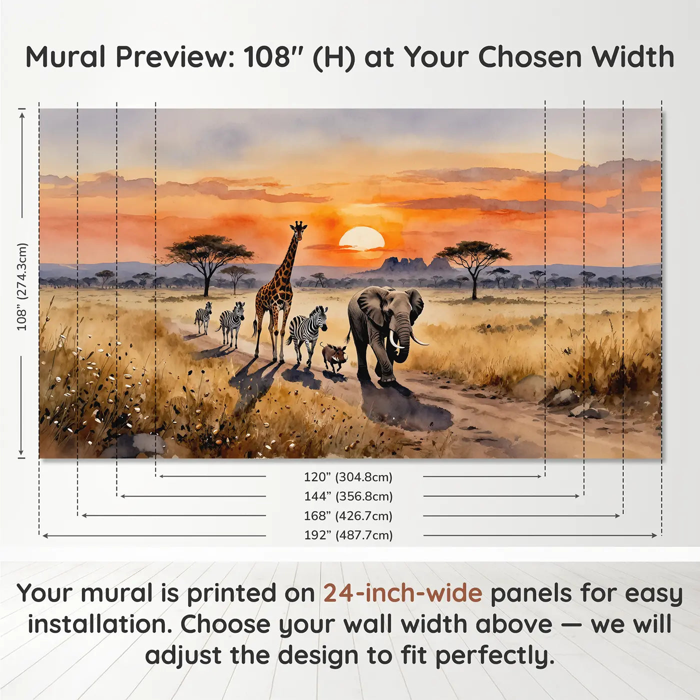 Panel layout and dimensions for Safari Sunset Parade Wallpaper Mural by Whimsy Tots