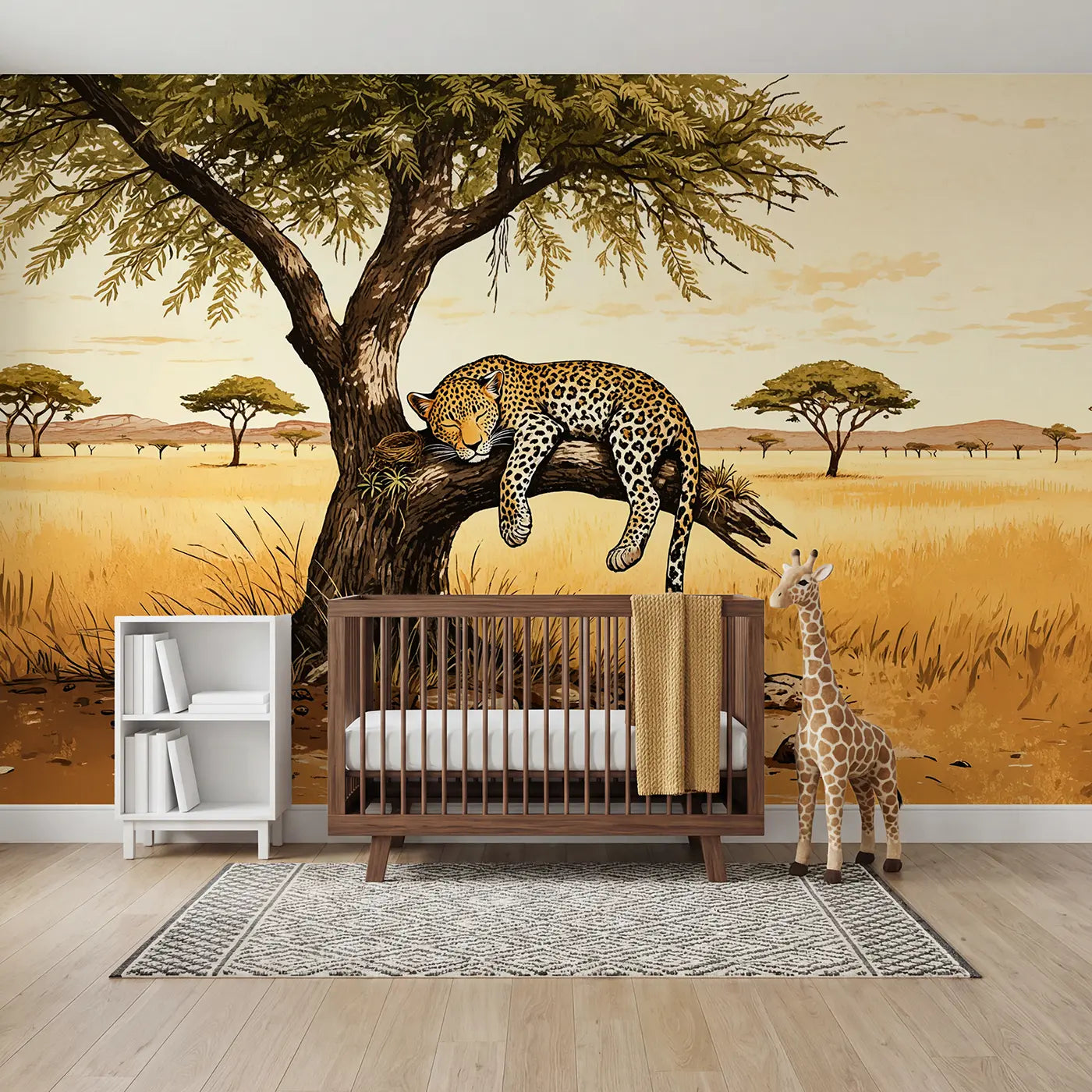 Block print leopard cub acacia savanna wallpaper mural for kids room by Whimsy Tots