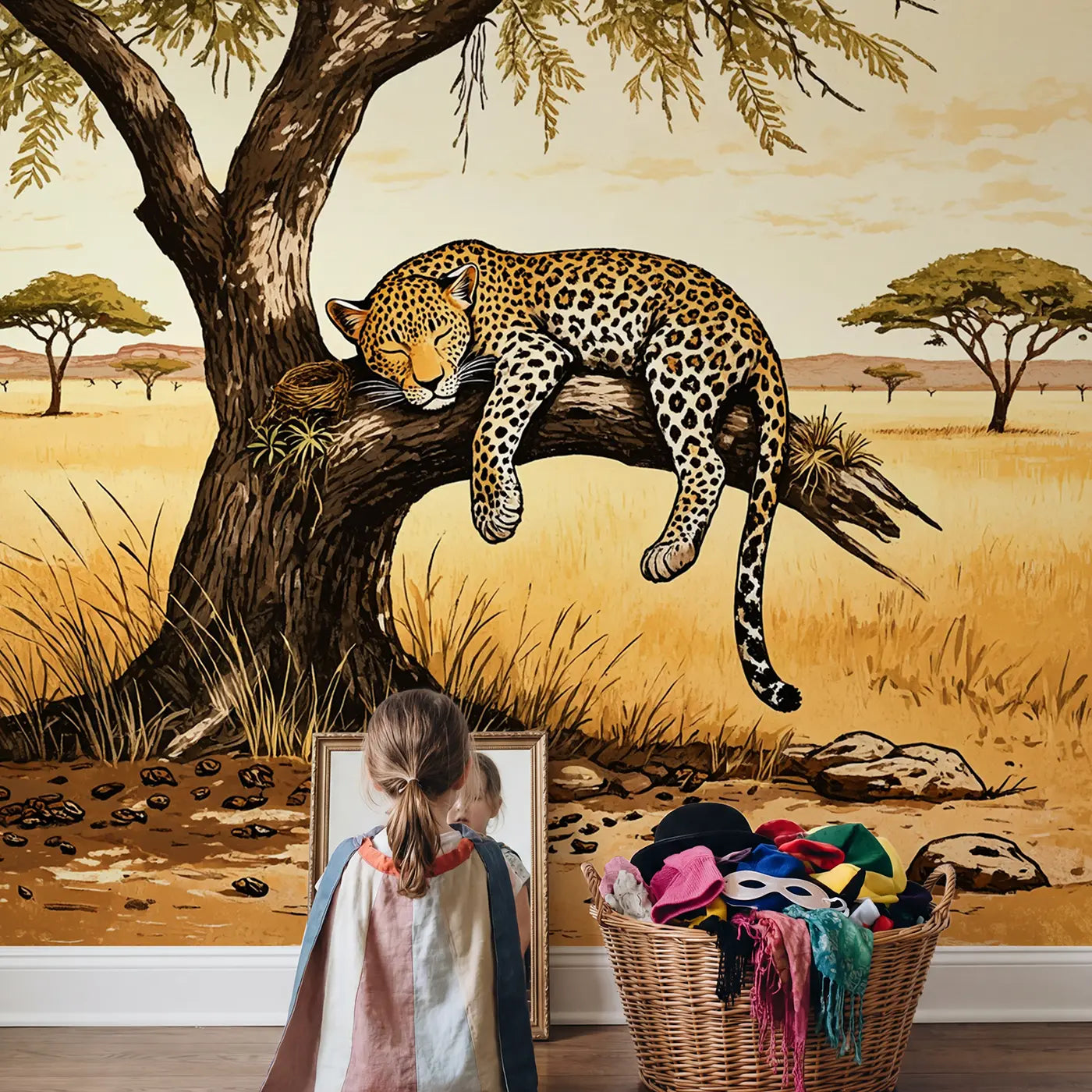 Child in nursery with Sleeping Leopard Cub Acacia Wallpaper Mural by Whimsy Tots