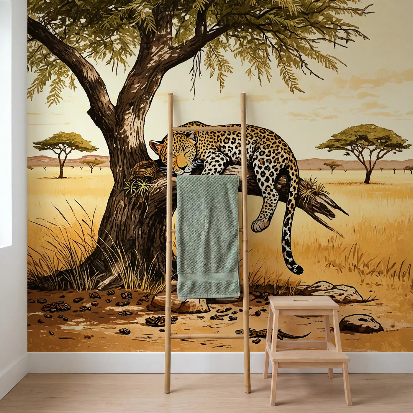 Sleeping Leopard Cub Acacia Wallpaper Mural in playroom setting by Whimsy Tots