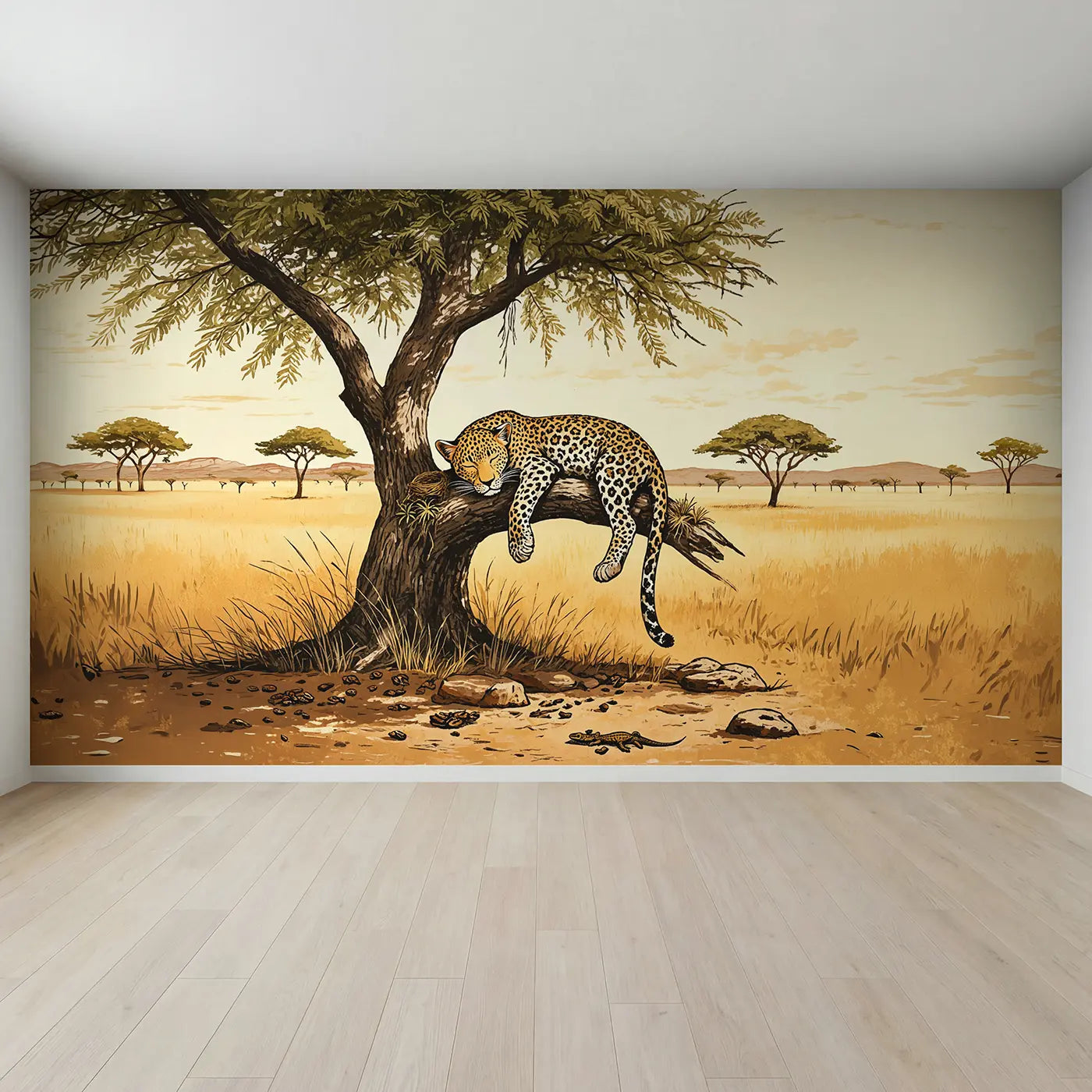 Full view of Sleeping Leopard Cub Acacia Wallpaper Mural by Whimsy Tots