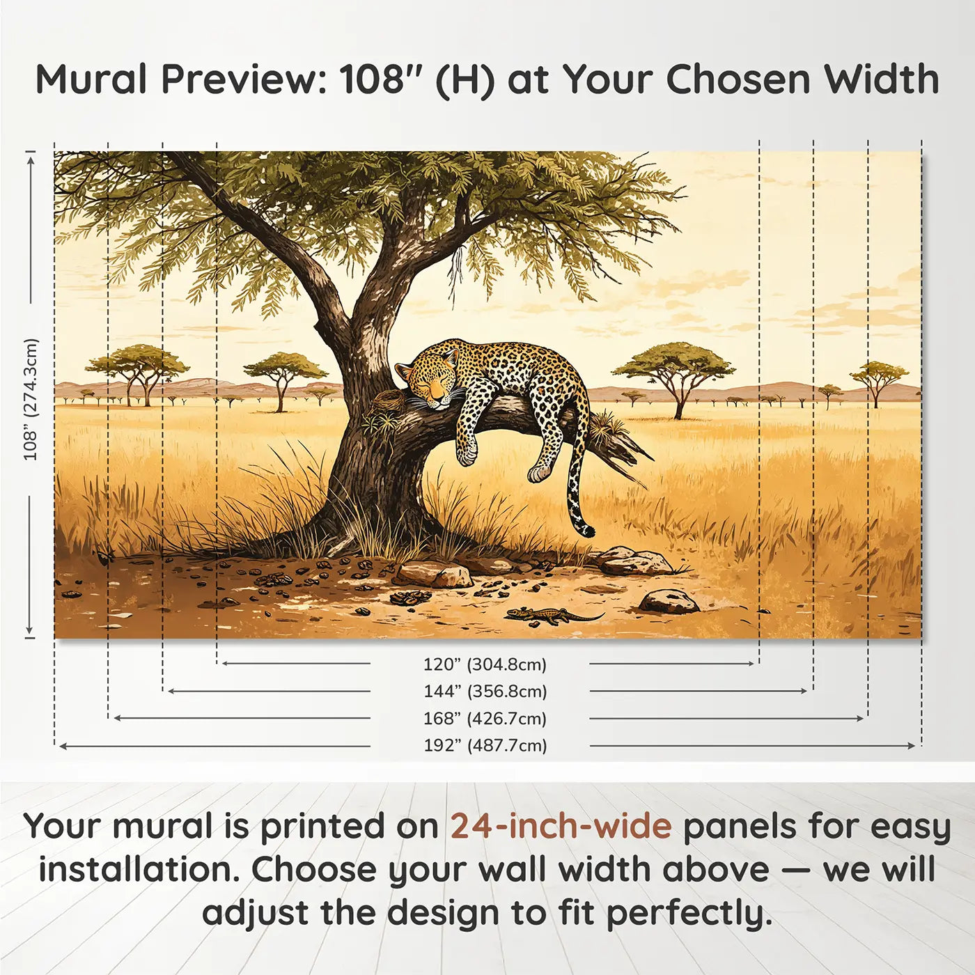 Panel layout and dimensions for Sleeping Leopard Cub Acacia Wallpaper Mural by Whimsy Tots