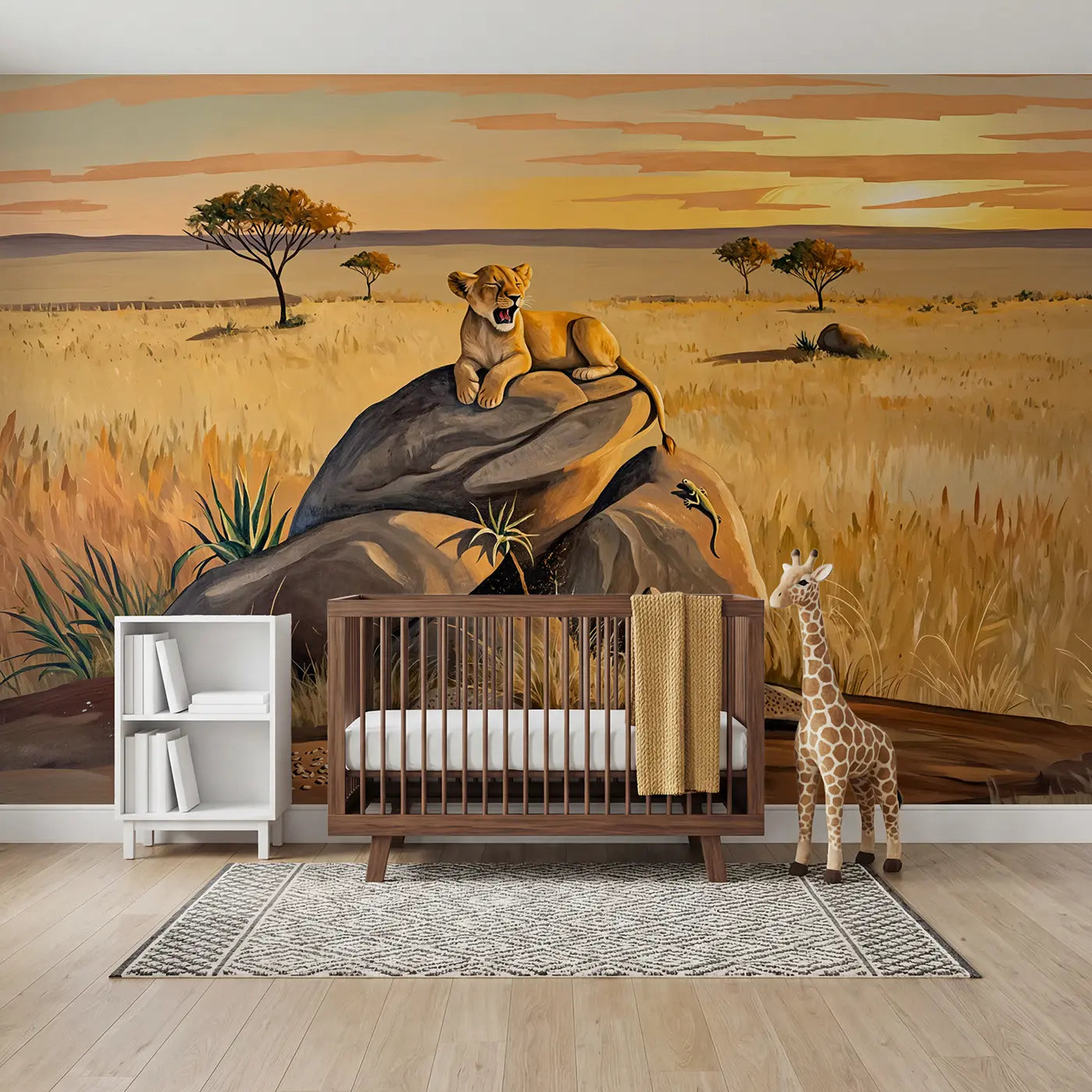 Modern illustration yawning lion cub kopje savanna wallpaper mural for nursery by Whimsy Tots