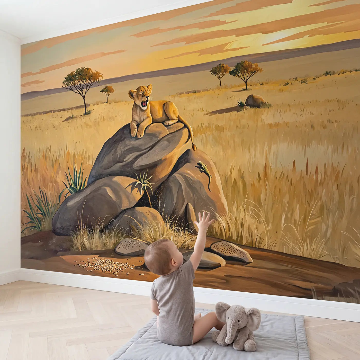Child in nursery with Yawning Lion Cub Kopje Wallpaper Mural by Whimsy Tots
